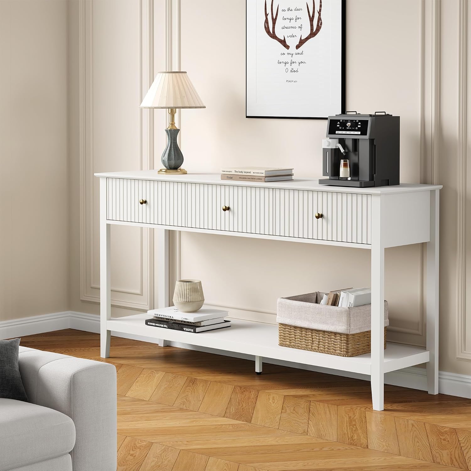 Fluted Entryway Table, Modern Console Table with 3 Drawers and Storage Shelf, Narrow Sofa Table Behind Couches for Living Room, Entryway, Hallway, White