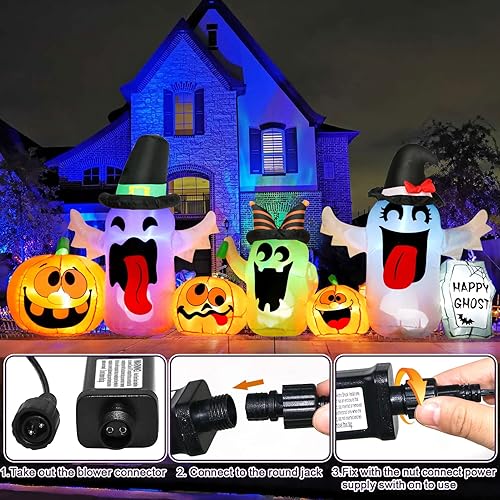 Miniatura 4 de PETUOL Fantasmas inflables de Halloween de 8 pies de largo, decoración iluminada de Halloween, fantasmas blancos con calabazas y lápida para
