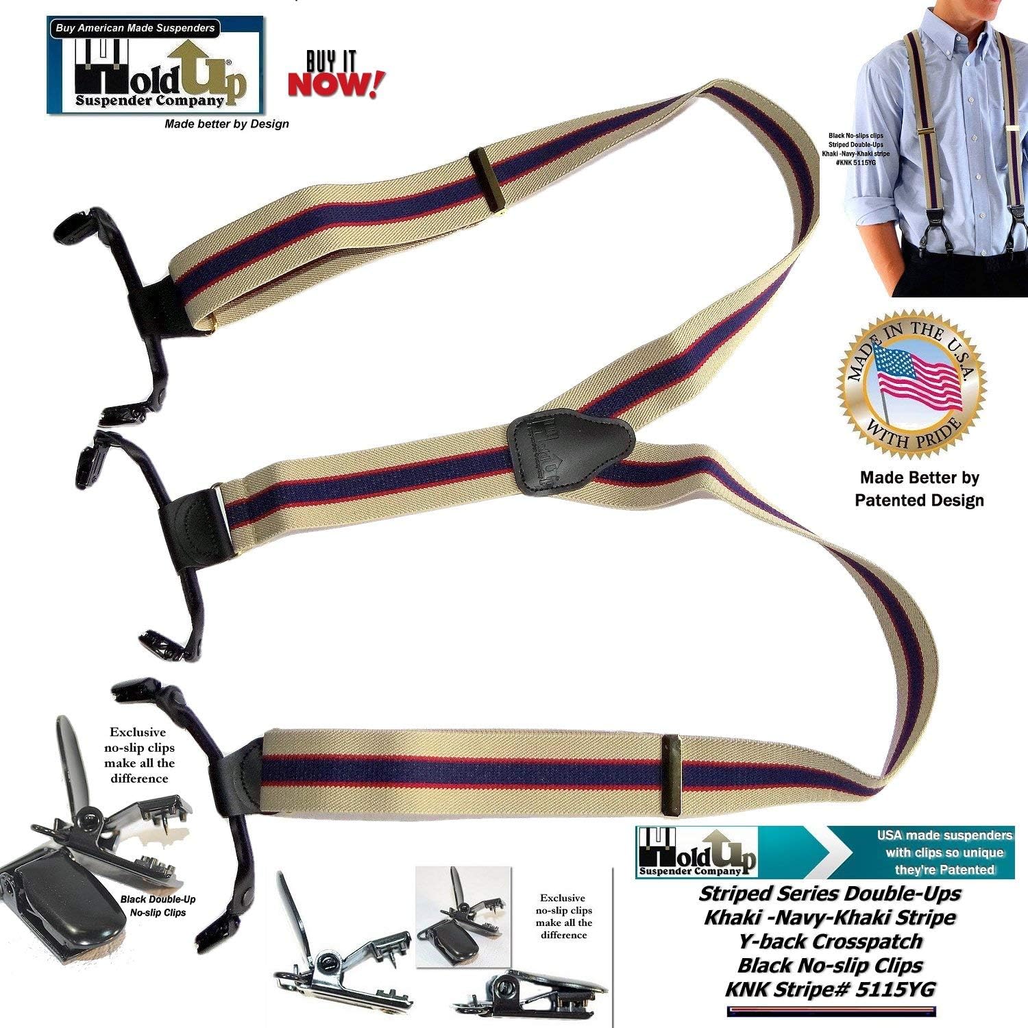 Holdup Brand Stripe Series Double-Ups Style Suspenders for Men with patented No-Slip® black clips - Image 5