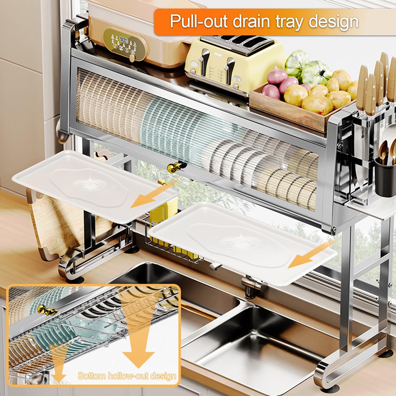Escurreplatos de acero inoxidable para fregadero, soporte multifuncional para utensilios de cocina y estante de secado que ahorra espacio para encimeras (30.3 x 27.2 pulgadas), duradero y resistente