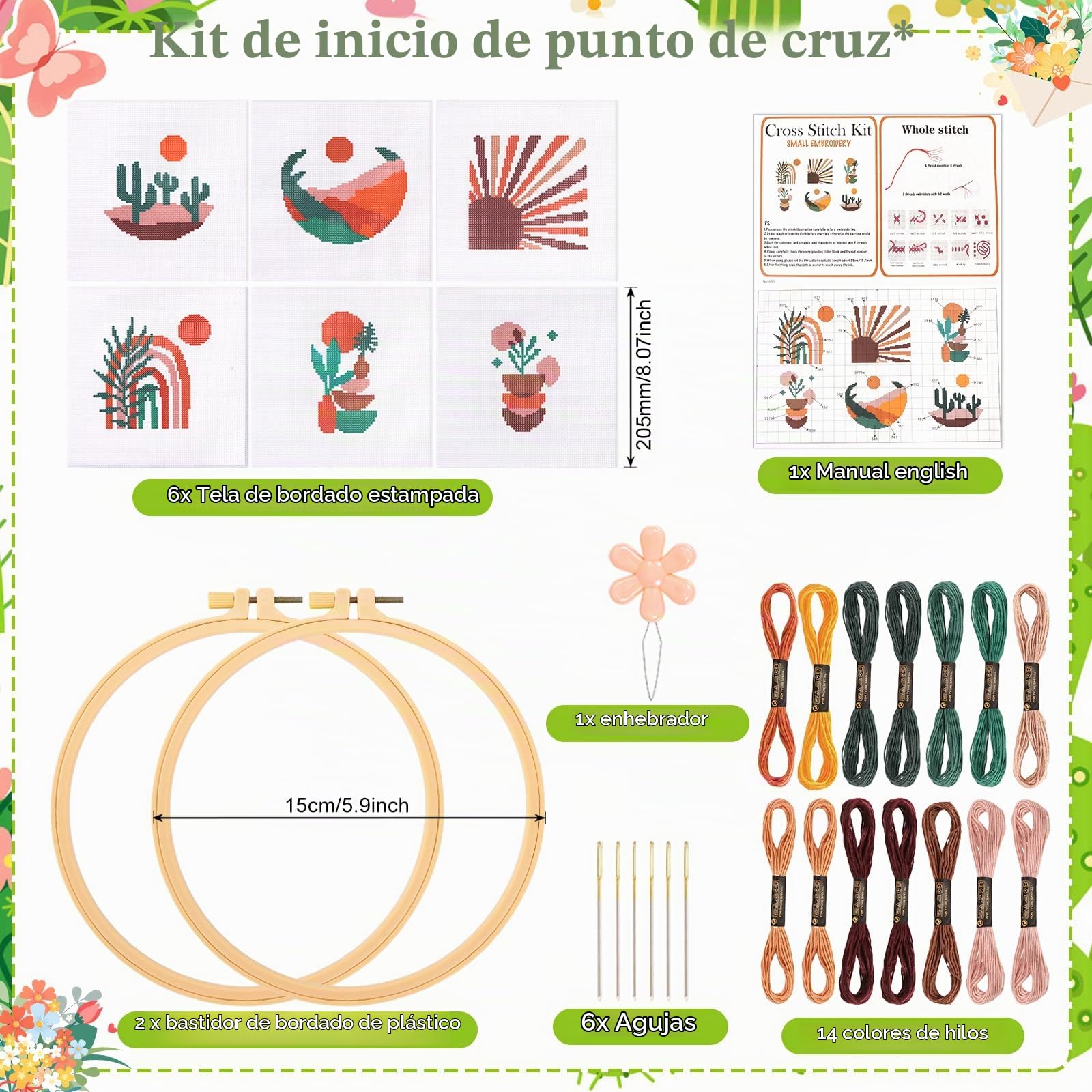 JSRQT 6 Piezas Kit de Punto Cruz de Paisaje Bohemio para Principiantes Adultos, Kit de Inicio Bordado Artesanal para Amantes Manualidades Decoración del Hogar, con 2 Aros de Bordado y Herramienta