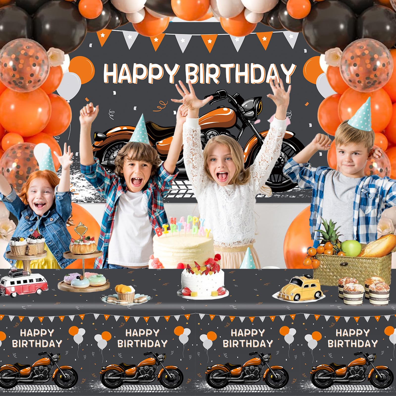 MEHOFOND Motorcycle Birthday Decorations for Boys Orange Black