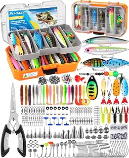PLUSINNO 373PCS Fishing Tackle Box Kit with Lures, Pliers, Removable Tray - Bass Trout Freshwater Gear Gifts for Men