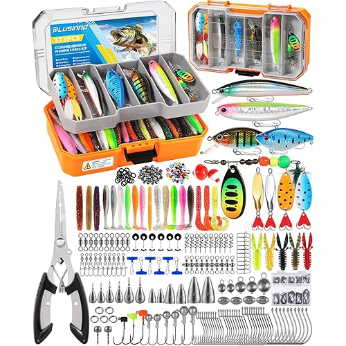 PLUSINNO Fishing Tackle Box with Tackle Included, 373PCS Fishing Lures Kit with Removable Tray, Fishing Gear with Pliers, Weights, Hooks, Accessories, Fishing Tackle Lure Kit Gifts for Men Bass Trout