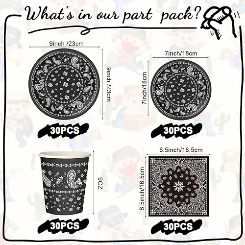 Miniatura 4 de 123 piezas de decoración de fiesta de vaquero occidental, incluye 1 mantel de plástico con estampado de cachemira, 2 banderines, 60 platos de papel