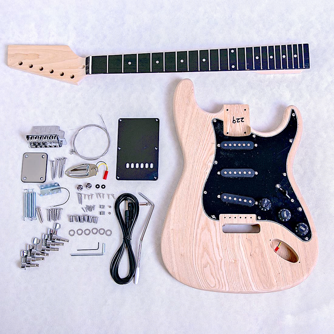 Coban Guitars Build Your Own DIY Electric Guitar Kit ST4 Strat Style Ash Body Ebony Fingerboard Black Pickguard Non Soldering Chrome Hardware Guitar Making Kit.