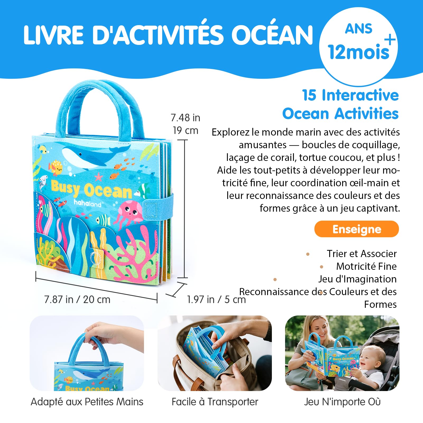 hahaland Jouet Bebe 1 an Busy Board Montessori - 15 en 1 Tableau d'Éveil Animaux Marins - Jeux Motricité Fine Enfant 12 Mois - Livre Feutre Portable Voyage - Cadeau Éducatif Bébé 1 2 3 Ans
