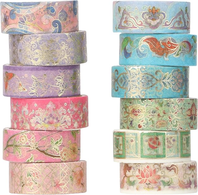 Armelaudin Washi Tape Set 12 Rolls - 15 mm Wide, Gold Blocking Floral Decorative Pattern, Japanese Masking Decorate Your Scrapbook, DIY Craft, Scrapbooking Supplies, Gift Wrapping, Bullet Journal
