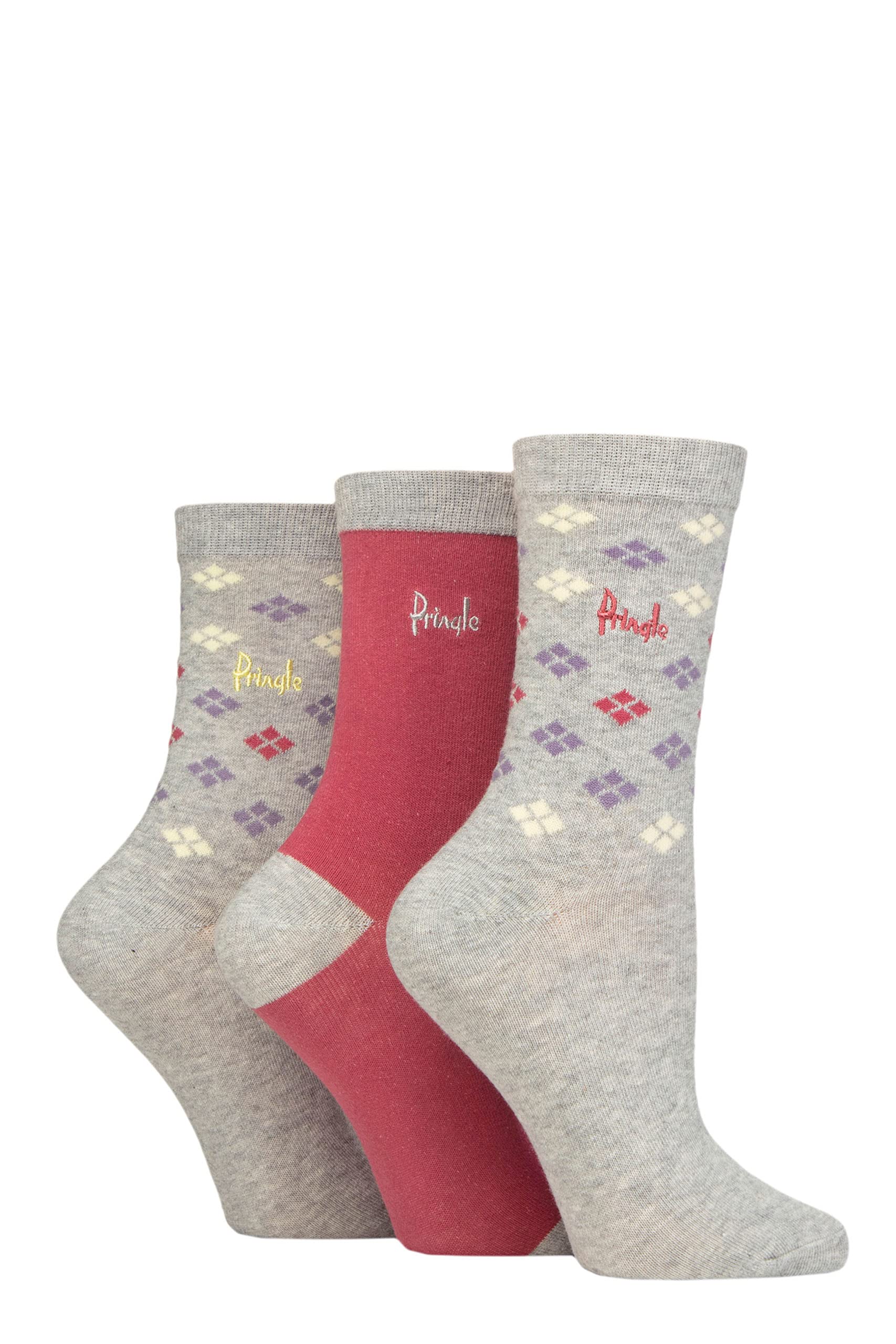 Pringle Ladies Patterned Cotton and Recycled Polyester Socks Pack of 3 Scatter Diamond Light Grey 4-8