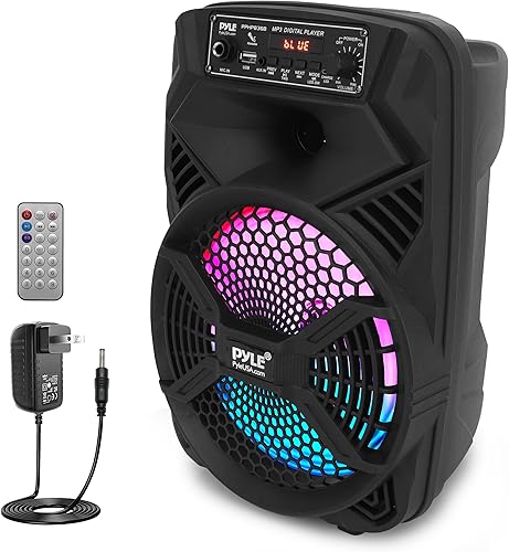 Pyle Altavoz Bluetooth PA portátil de 8 pulgadas, potencia máxima de 300 W, batería recargable, luces LED intermitentes, radio MP3USBFM, entrada