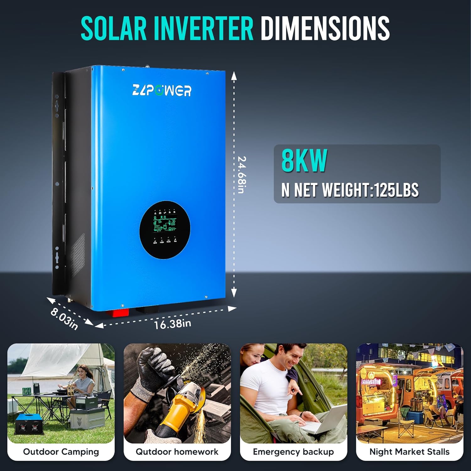 Dimensions and weight of the ZLPOWER 8000W Solar Hybrid Inverter, with examples of its use cases.