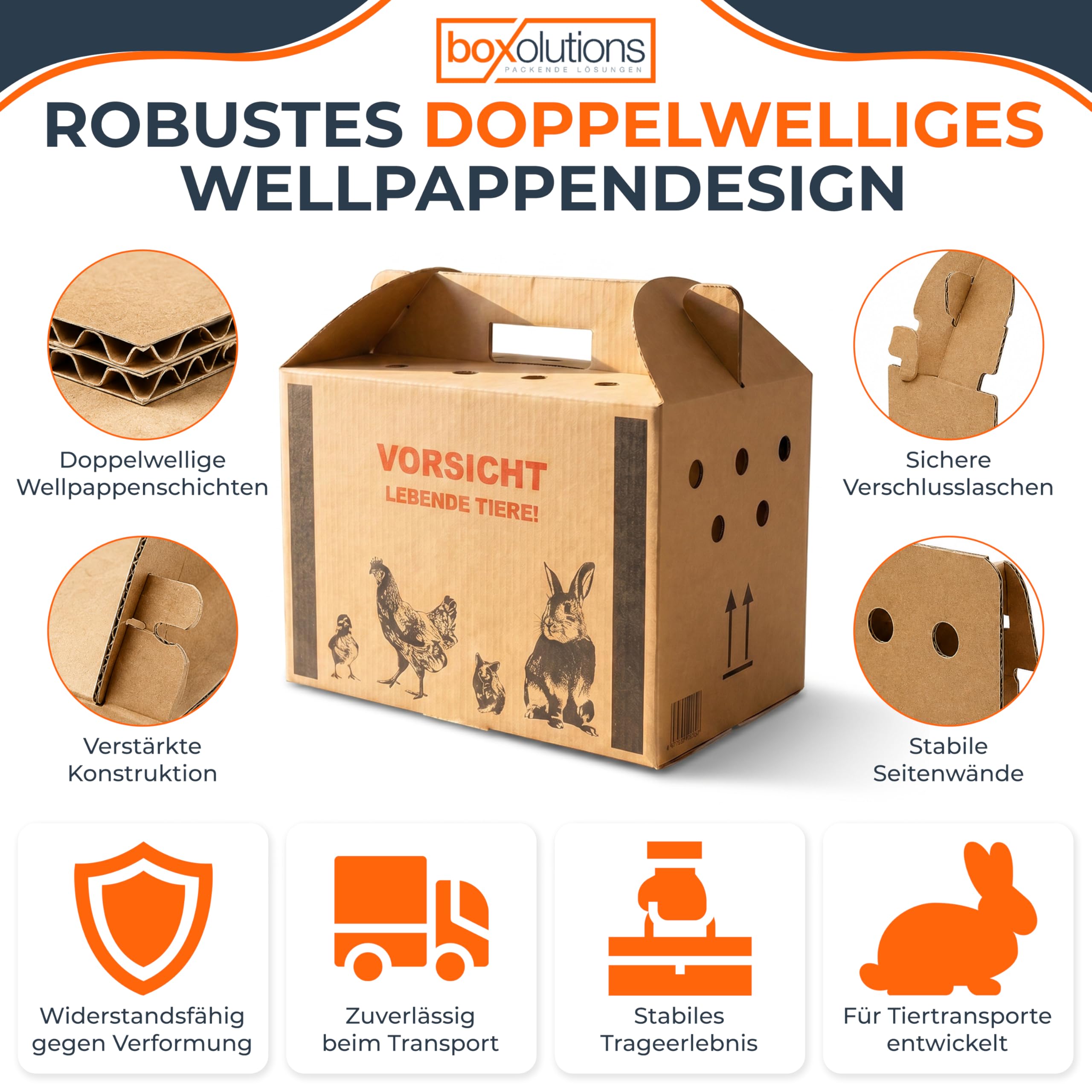 Transportkarton für Tiere Tiertransportkarton für Kleintiere - Geflügeltransportkiste - Hasen Transportbox - Hühnertransportbox - Transportbox Vogel - 580 x 309 x 369 mm (L) - 10 Stück