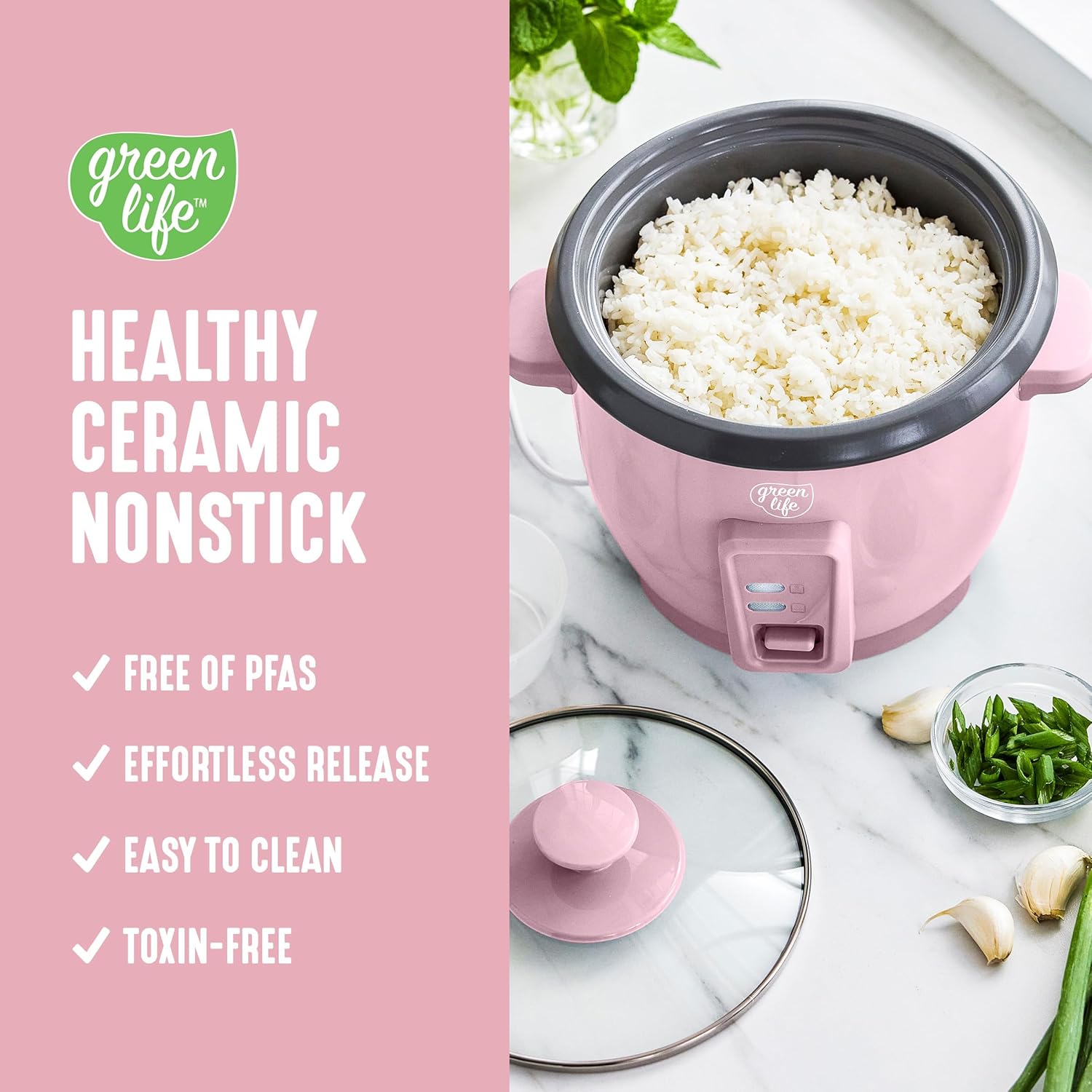 greenlife rice cooker with removable pfas-free ceramic nonstick pot, 3-cups uncooked/6-cups cooked, grains & oatmeal multicooker, compact one-switch design, auto keep warm, easy clean, pink