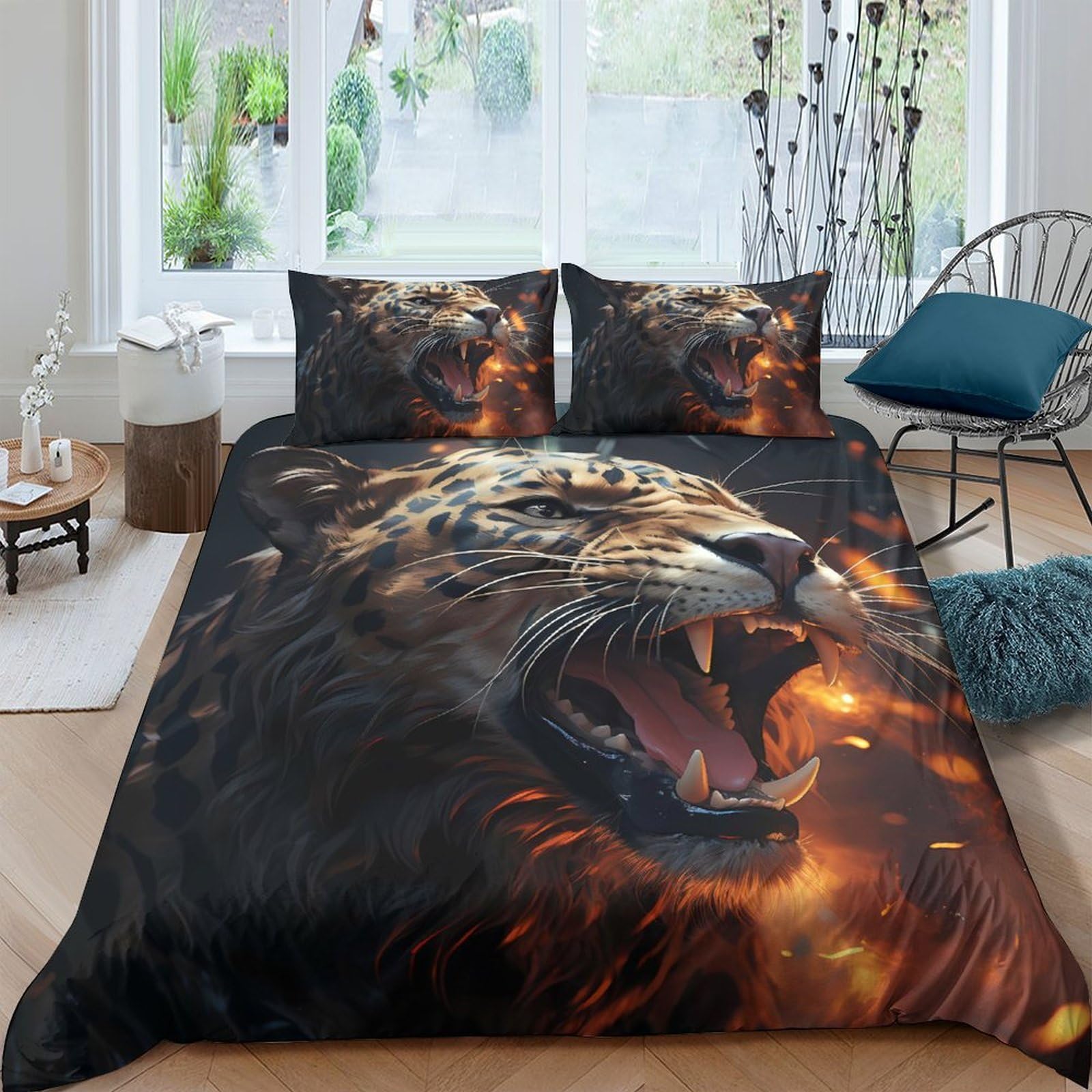 Ctjqhvkz Style-4 3D Printed Roaring Lion Fitted Sheet Microfiber Soft Anti-Slip Fire Pattern Mattress Cover For Bedroom Guest Room Decor Single（135X200cm）