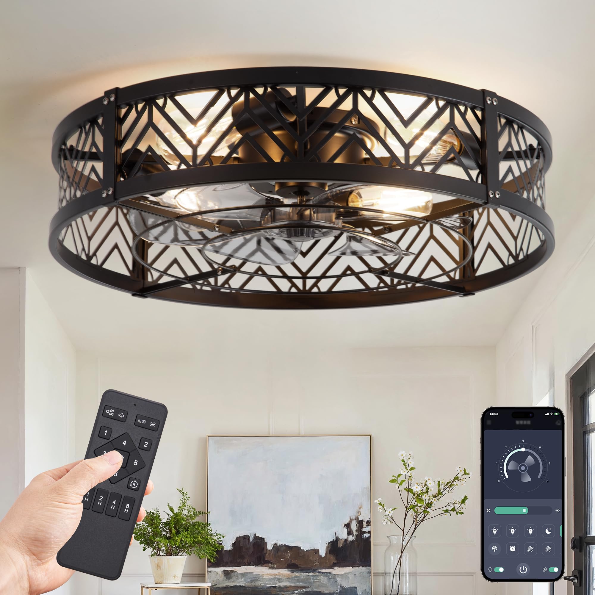 LEDIARY 23" Caged Ceiling Fan with Light, Large Flush Mount, App&Remote Control, Low Profile Bladeless Fan Light Fixture 6 Speed, Reversible and Quiet Motor-Black