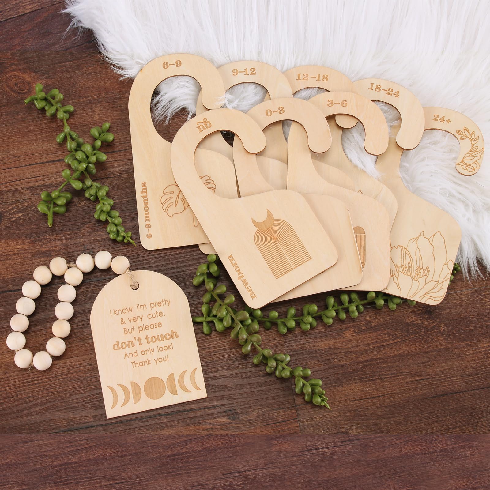 EniffbaaWooden Baby Closet Dividers - Do Not Touch Hanging Sign, Double-Sided Nursery Decor Mom, Set of 9 Baby Clothes Size Hanger from Newborn to 24+ Months