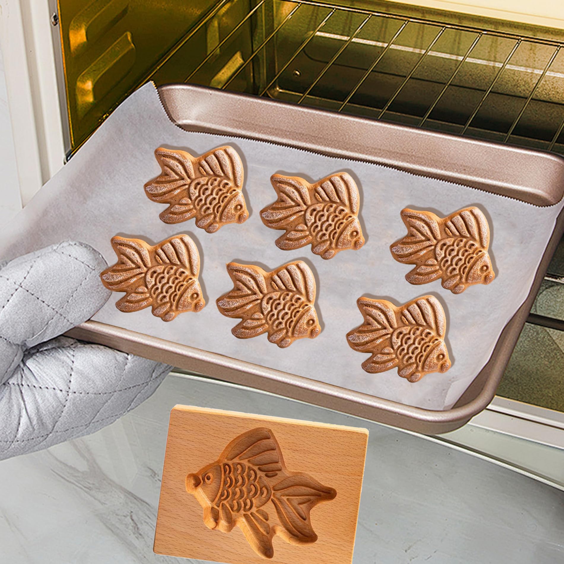 Drewniane foremki do ciastek, herbatniki, pieczątka na ciasteczka 2 szt. Foremka wykrawania ciasteczek w kształcie ryby 3D DIY Prasa Pieczenie kuchni Rzeźbione wypukłe ciasteczko