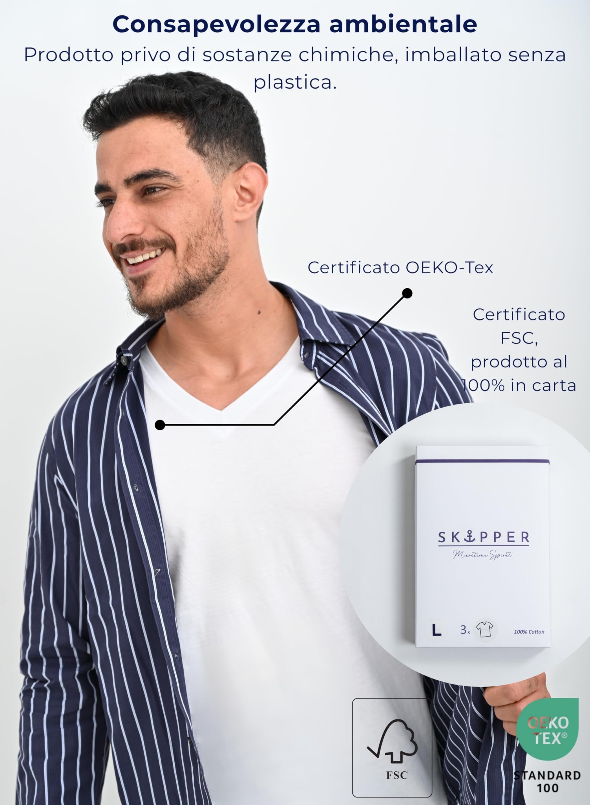 SKIPPER Confezione da 3 T-Shirt Uomo Scollo a V 100% Cotone – Magliette Intime Slim Fit, Traspiranti e Confortevoli, Bianco, S–3XL