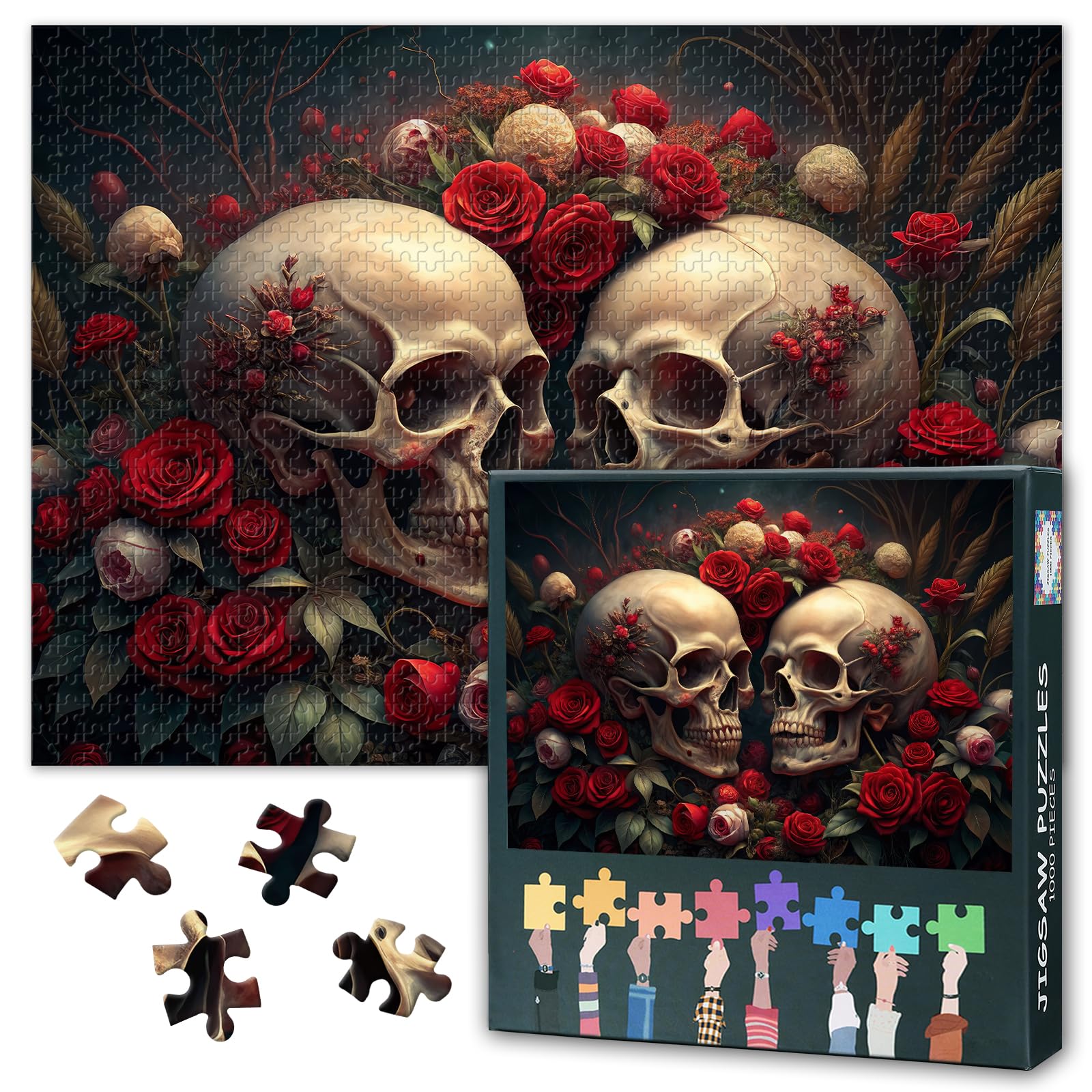 Two Skulls Jigsaw Puzzles for Adults 1000 Pieces Skulls Surrounded by Red Roses Challenging Puzzles for Home Decor Intelligence Puzzle as Gift for Family Friends Games 27.5"X19.7"
