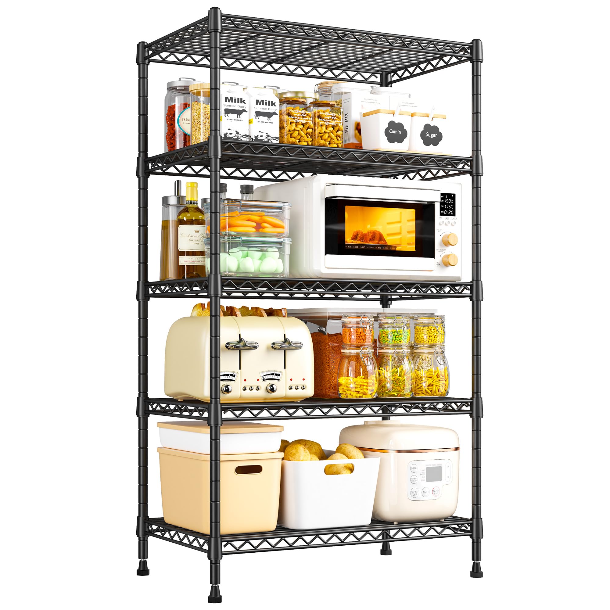 REIBII 5-Tier Metal Shelving Unit, 158.6HX29.7DX54.6Wcm - 150kg Heavy Duty Shelf Storage Unit with Adjustable Shelves and Adjustable Feet, Corner Shelf for Kitchen,Bathroom, Basement, Utility Room