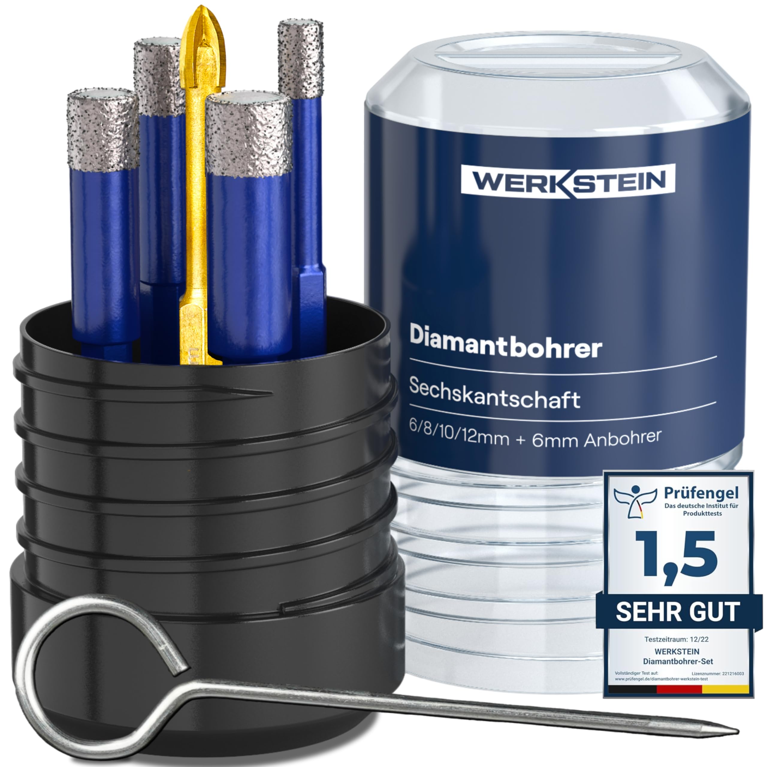 WERKSTEIN® Fliesenbohrer Set mit Diamantbohrkronen & Karbid Anbohrer [GRÖßEN 6, 8, 10 & 12 MM] - Diamantbohrer für Fliesen & Feinsteinzeug - Fliesenbohrer Set für Keramik, Granit & Naturstein