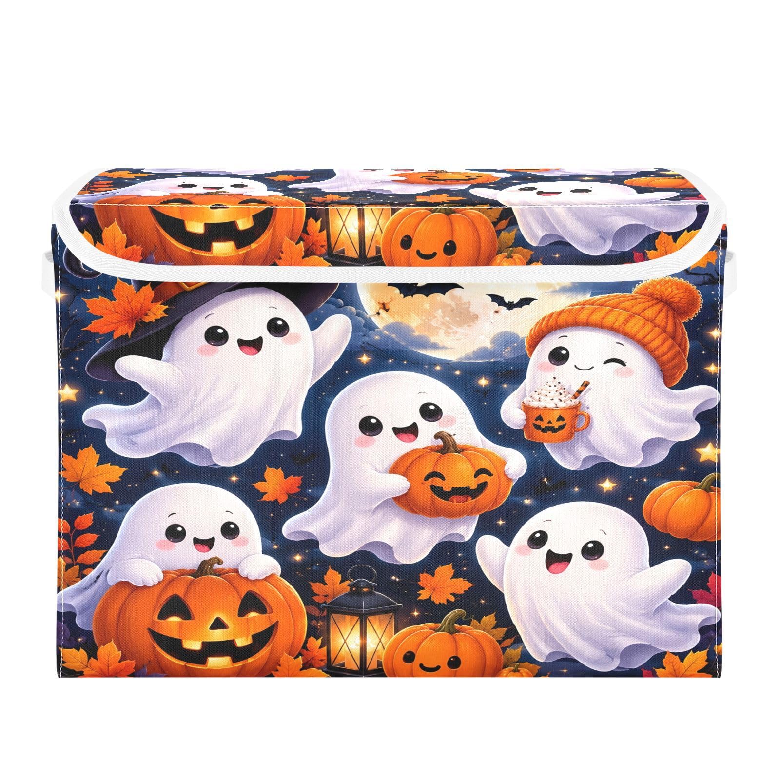 Ewusp Halloween Boo Fabric Storage Bin with Lid, Decorative Foldable Storage Basket with Handles, Stackable Closet Shelf Organiser Box for Clothes, Books, Bedroom, Living Room