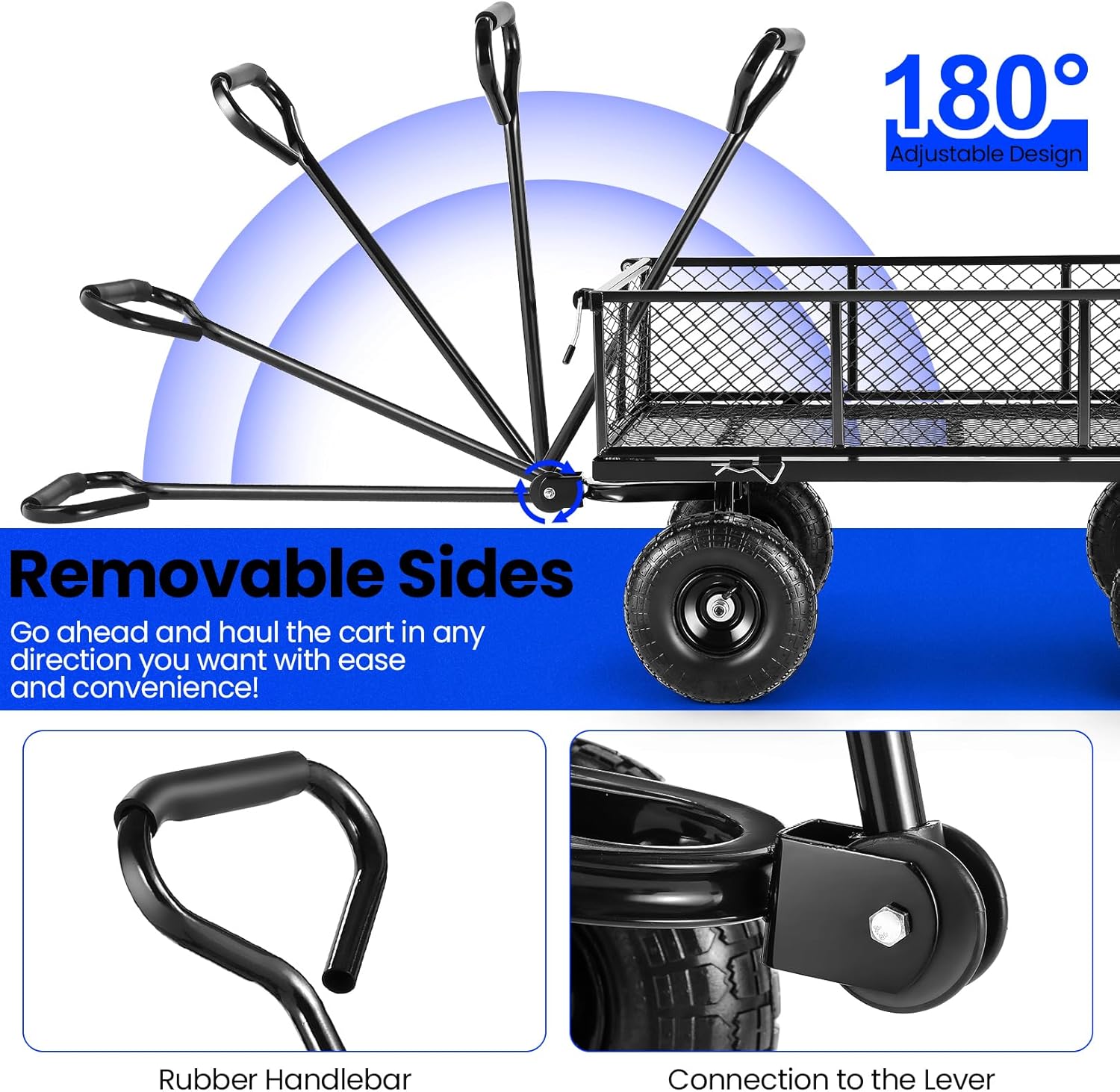 TEANDE Garden Cart, Heavy Duty 880Lbs Capacity Mesh Steel Garden Cart with Removable Sides to Convert into Flatbed, Utility Metal Wagon with 180° Rotating Handle and 10 in Tires, Black