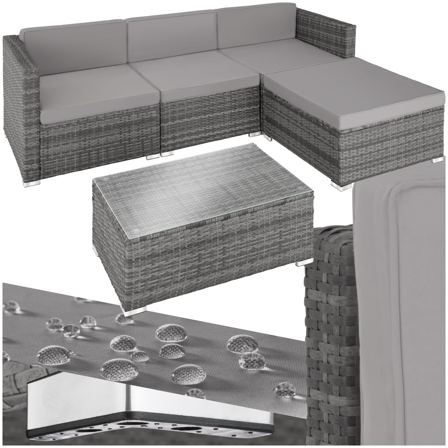 Tectake Salottino in Rattan Firenze Set Giardino 3 Poltrone 1 Pouf Tavolo Cuscini 8cm Grigio