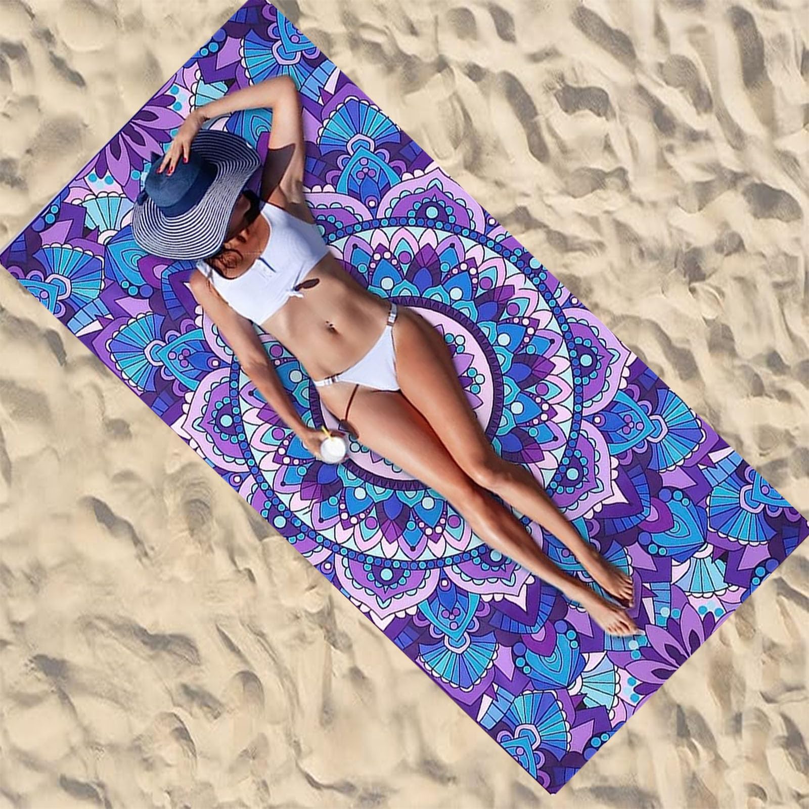 Large Thin Microfibre Beach Towel with Bag for Adult Men Women,160x90cm Mandala Beach Towels Quick Dry Sand Free Lightweight Swim Bath Towel for Travel,Swimming,Pool,Holiday,Camping,Yoga,Gym Sport - Image 3