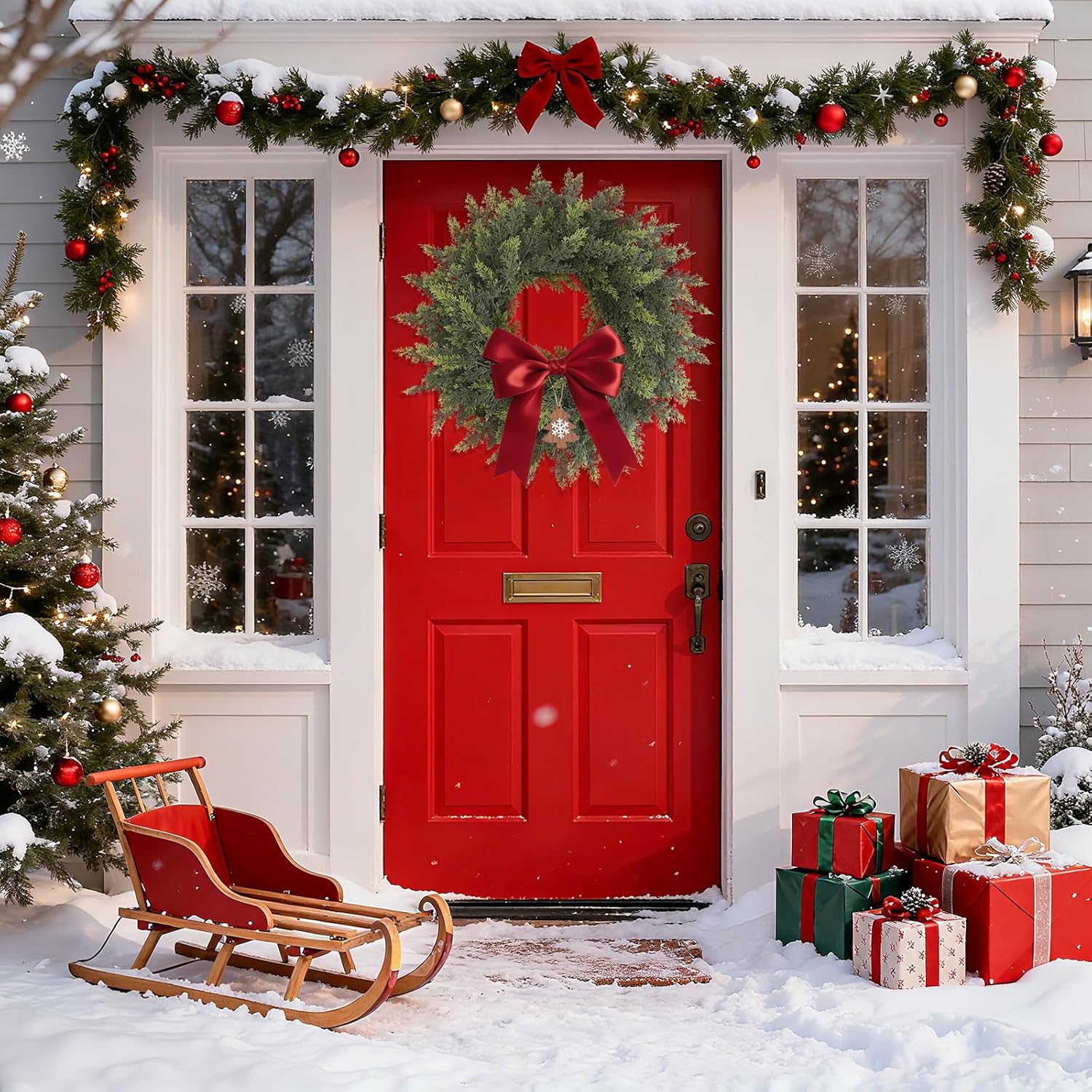 24 Inch Artificial Cedar Wreath, Lush Faux Evergreen Cedar Greenery Door Wreath for Front Door, Wall, Fireplace & Holiday Home Decor, Indoor Outdoor Use