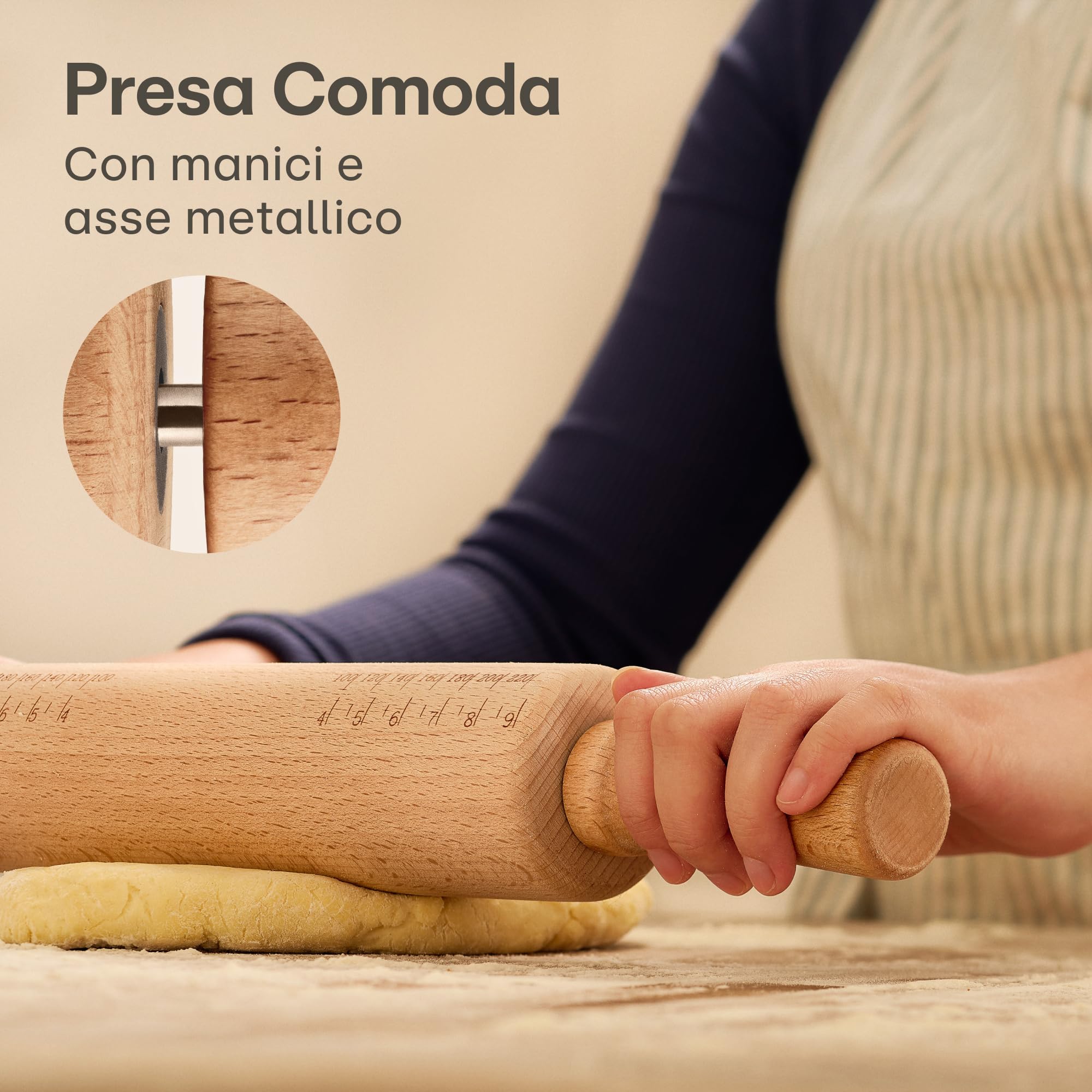 Praknu Matterello in Legno di Faggio FSC® - Con Misurazioni - Manico Ergonomico - Superficie Antiaderente - Con Borsa in Cotone