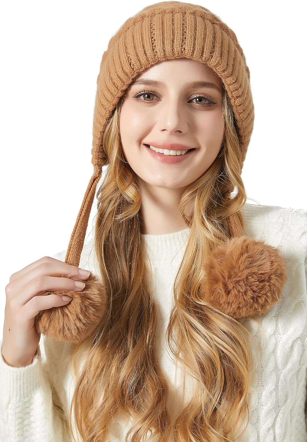 Women Winter Beanie Hats Warm Knit Hats Crochet Skull Cap with Pompom