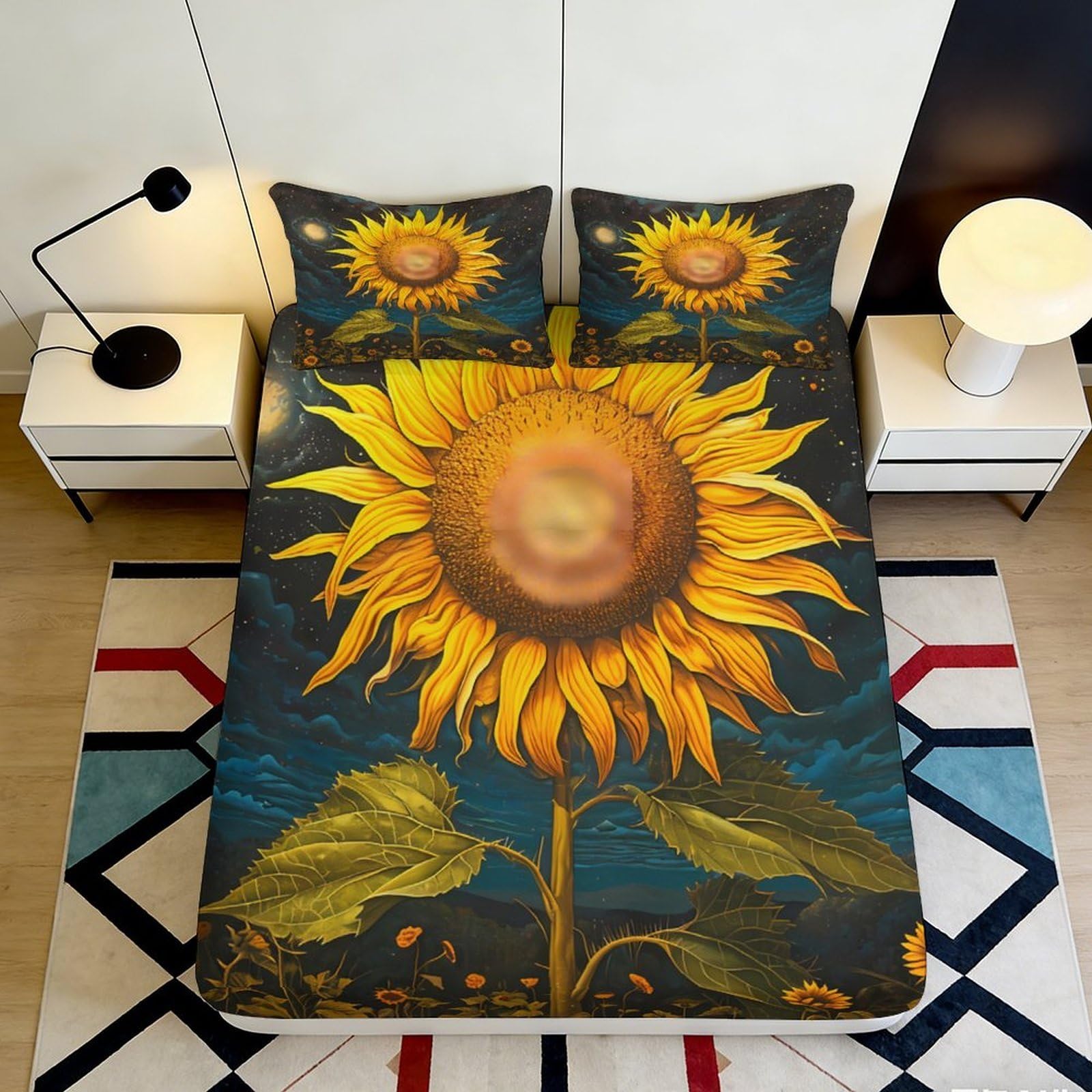 3D Printed Sunflower Fitted Sheet Microfiber Bedroom Bedding Deep Pocket Sunflower Mattress Fitted Cover for Adults 90x200x25cm