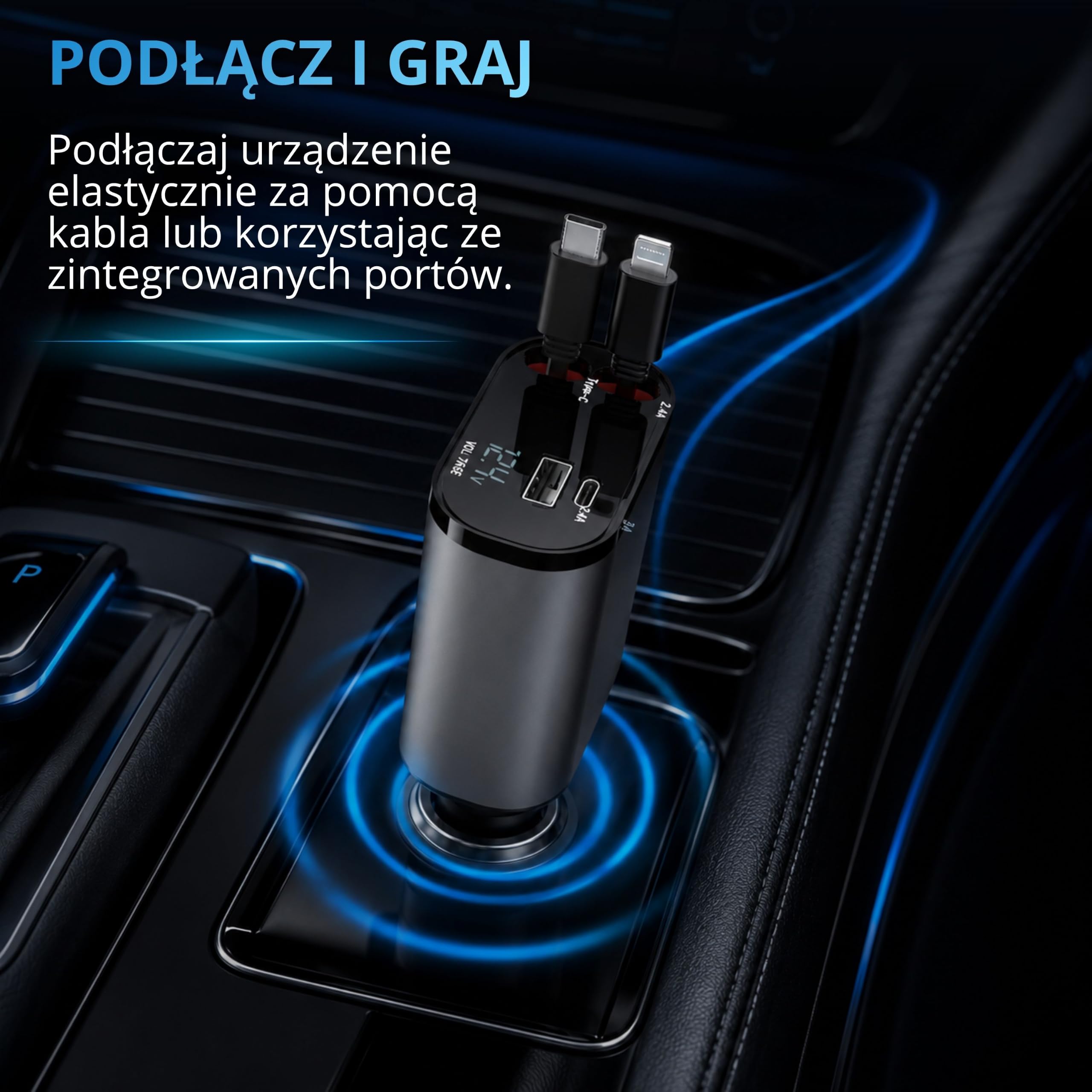 AutoSky Wysuwana ładowarka samochodowa 4 w 1 z szybkim ładowaniem – kabel USB-C i Lightning oraz port USB-C i USB-A