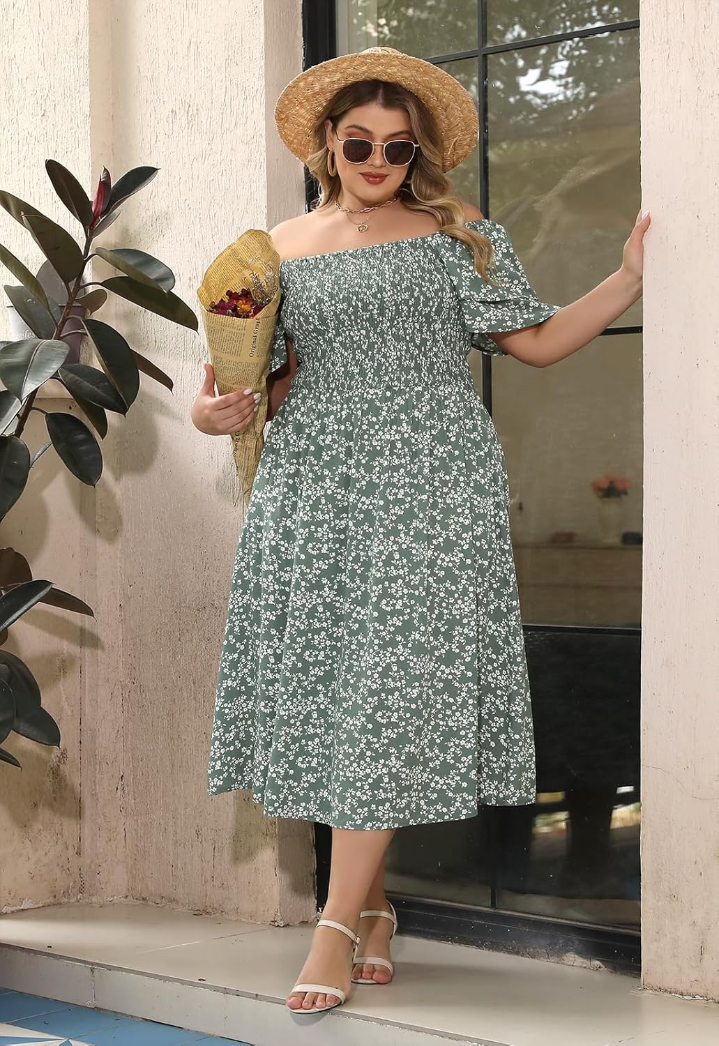 Nemidor Plus Size Summer Print Midi Boho Dress for Curvy Women Casual Smocked Floral Long Beach Dresses with Pocket 16-26 - Image 6