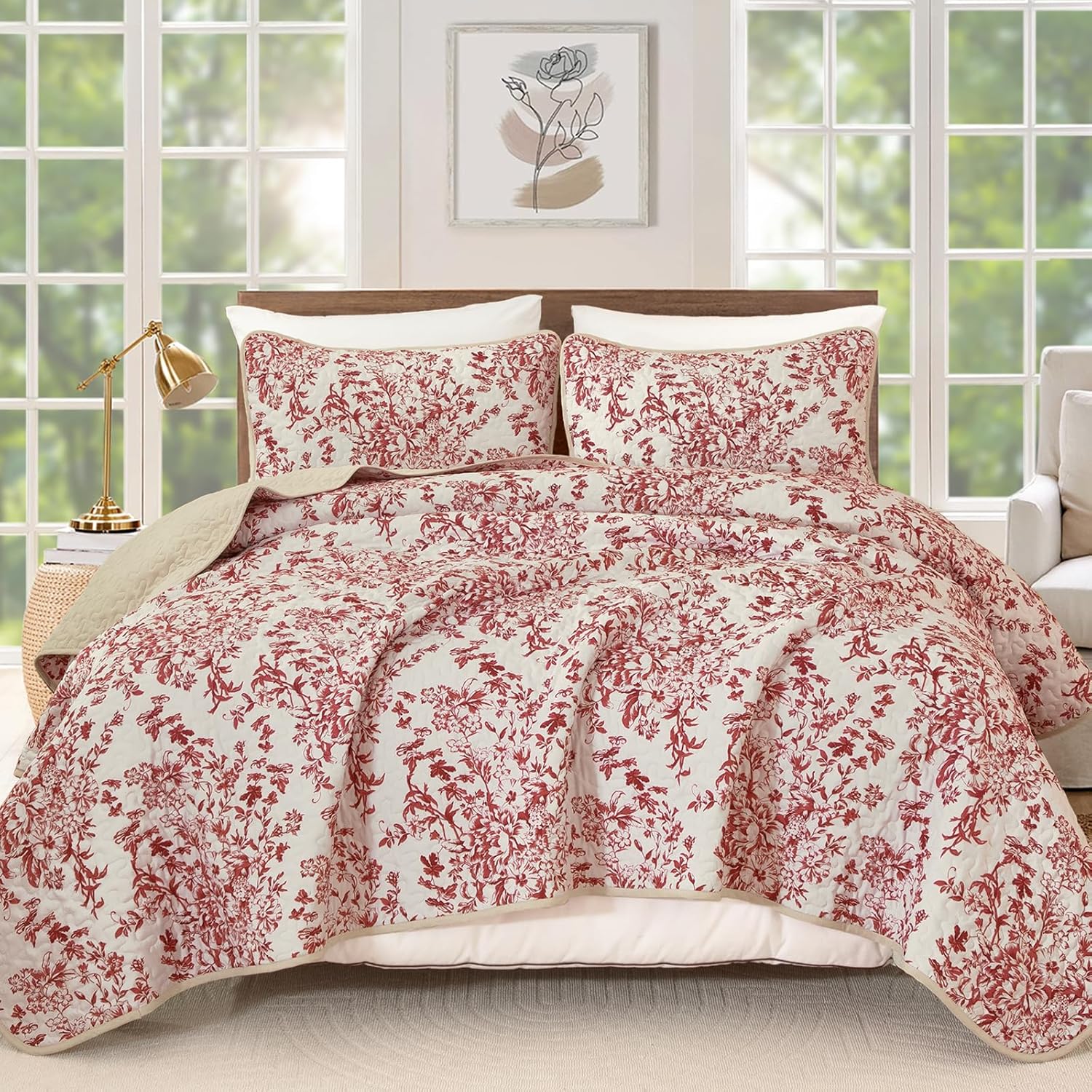 WONGS BEDDING Quilt Queen Size, Christmas Red Quilt Bedding Set with 2 Pillowcases, Botanical Quilts for Queen Bed, Soft Microfiber Lightweight Coverlet Bedspread for All Season (96"×90", 3 Pieces) - Image 9
