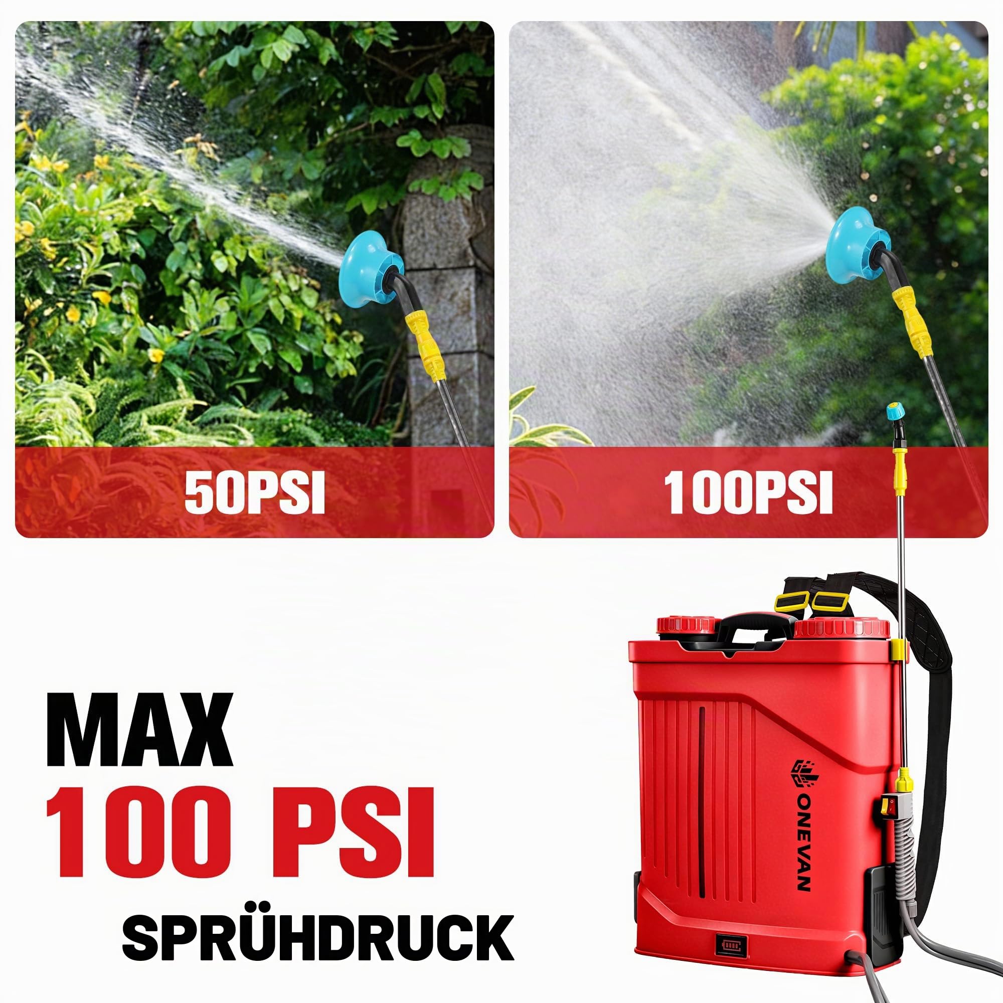 ONEVAN Akku Drucksprüher 20L Rührfunktion mit 2x3,0Ah Akkus & 5 Düsen | 100 PSI Druckregelung, 41" ausziehbare Teleskopstange, Für 20 Tanks, Garten, Integriertes Rührsystem für optimale Mischung