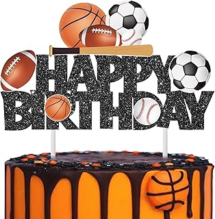 Sports Birthday Cake Toppers Baseball Cake Picks Glitter Black Football ...