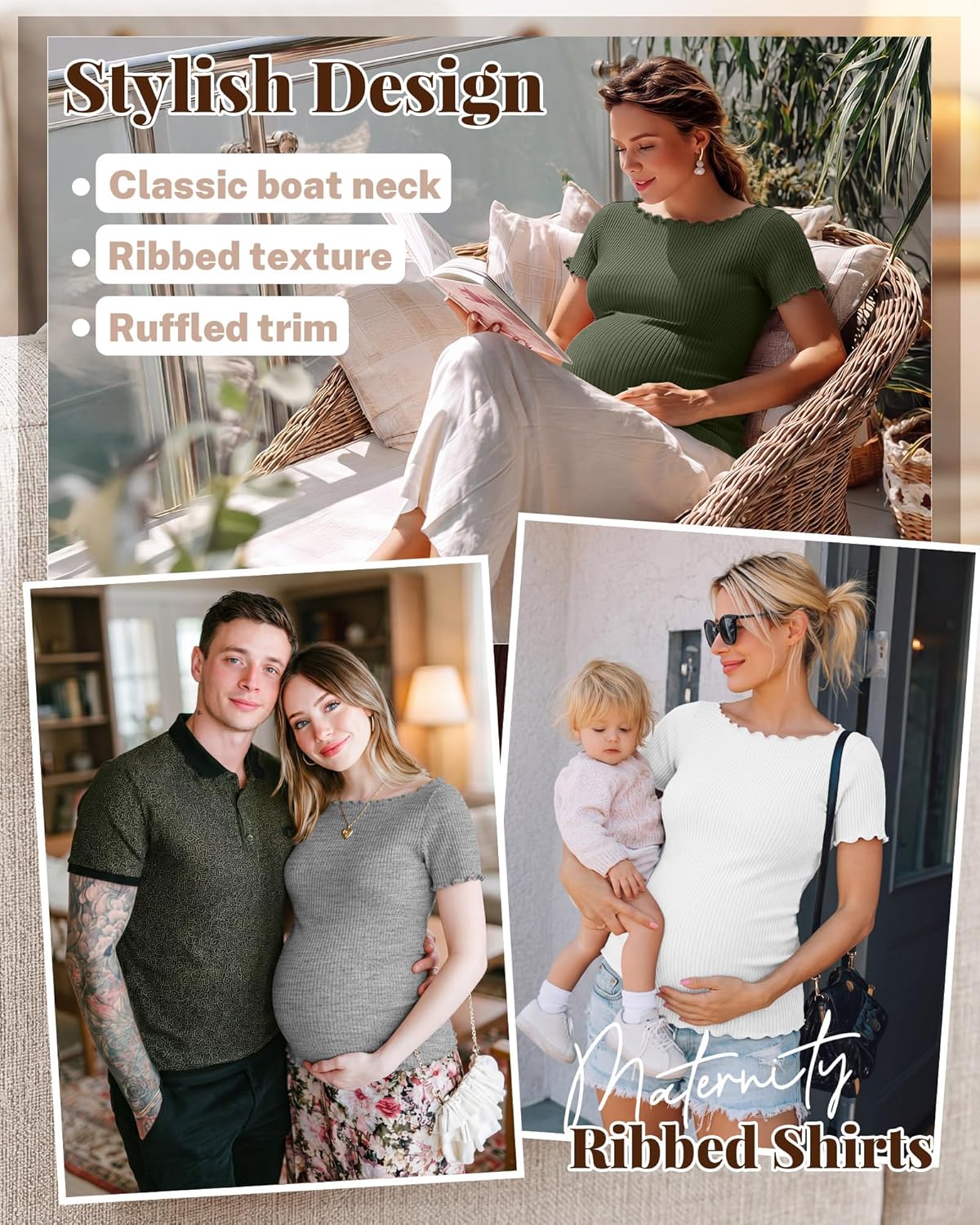 4 Pack Women's Maternity Ribbed Shirts Pregnancy Knit Short Sleeve Tops Boat Neck Lettuce Trim Summer Mama Clothes
