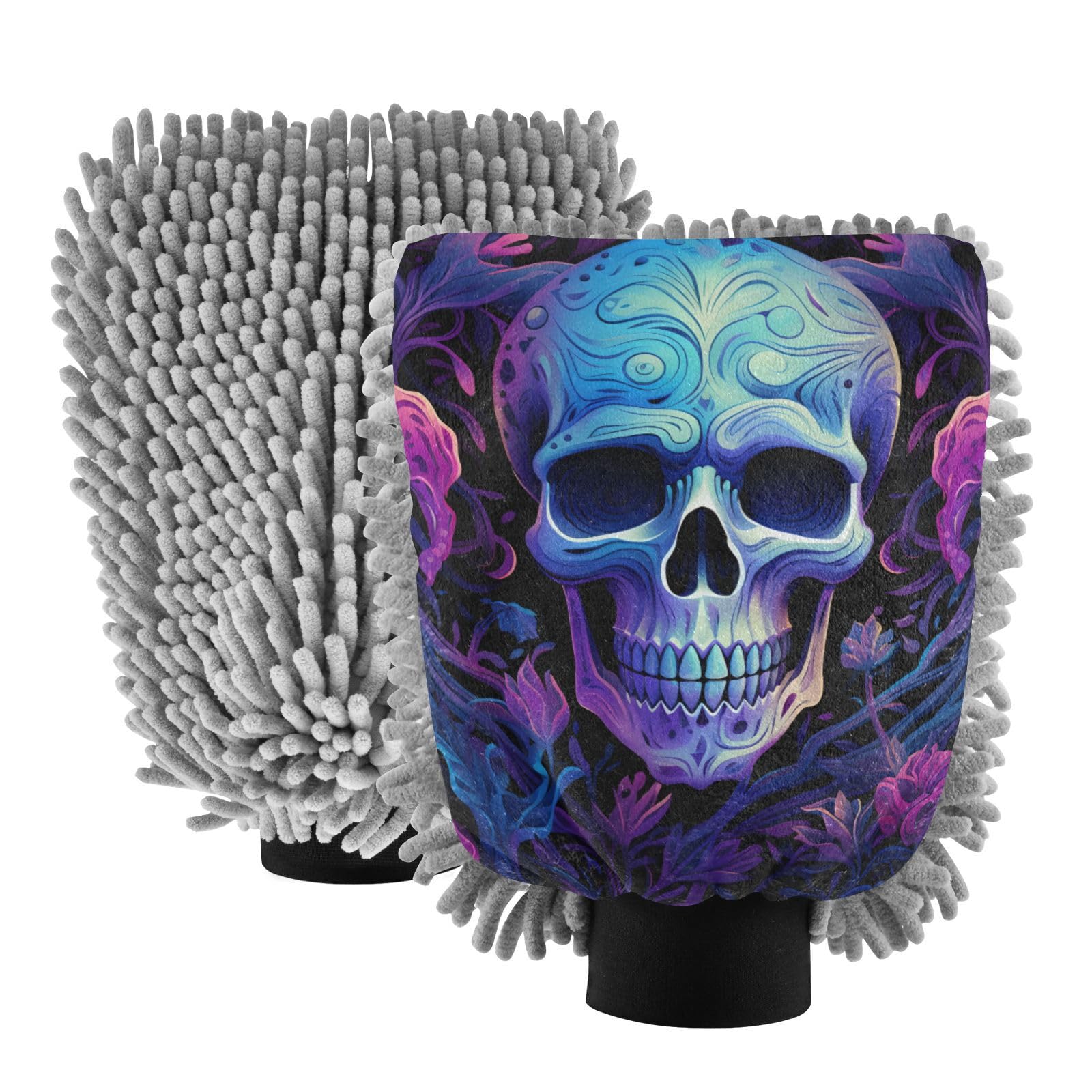 IOACIY Absorbent Microfiber Car Wash Drying Mitts, 2 Pack, Scratch-Free & Lint-Free, Rich Foam, Highly Absorbent, Double Sided, Wash Mitt Perfect for Car Washing, L, Cute Skull (8)
