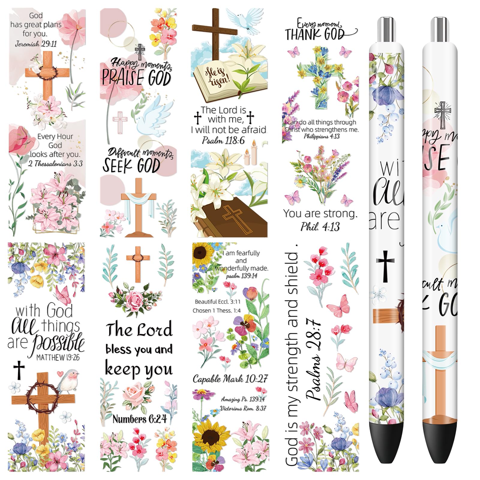 UV DTF Transfer Pen Sticker - 40 Sheets Bible Verse UV DTF Pen Wraps, Waterproof Bible Flower UV DTF Transfer Stickers, Personalized DIY Pencil Ball Point Pen Uvdtf Wrap Decals Crafts Gifts