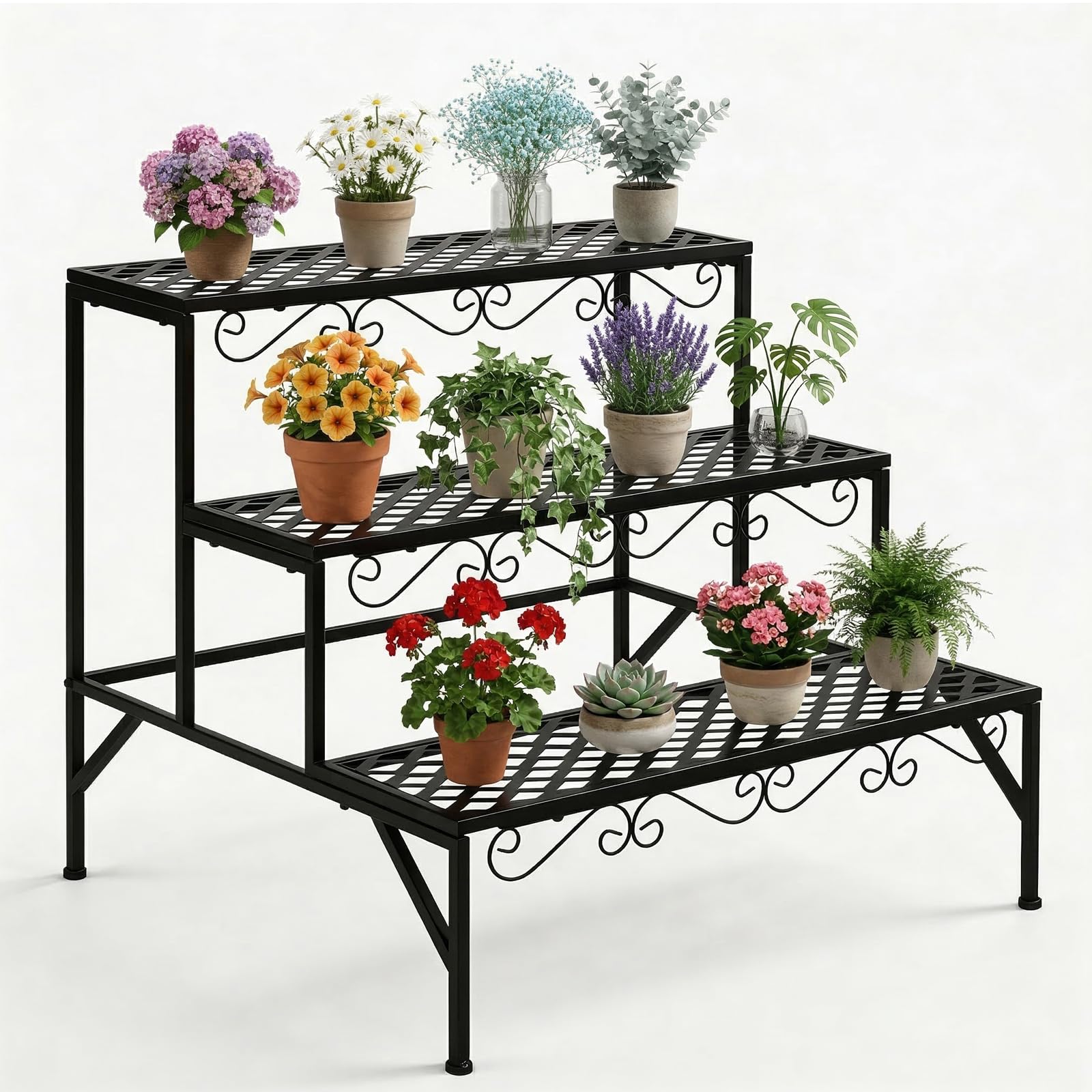 3-stöckige Metall Blumentreppe, Pflanzentreppe für Balkon Garten Wohnzimmer, wetterfestes Blumenregal als Deko, 70x60x60cm Schwarz