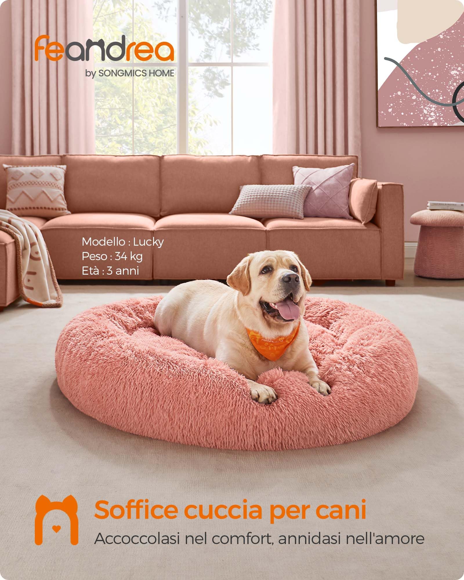 Feandrea Cuccia Cane Interno, Cuccia per Cani, Lettino per Animali Domestici a Ciambella, Cuscino Sfoderabile e Lavabile, Tappeto di Peluche, Diametro 120 cm, Rosa PGW043R01