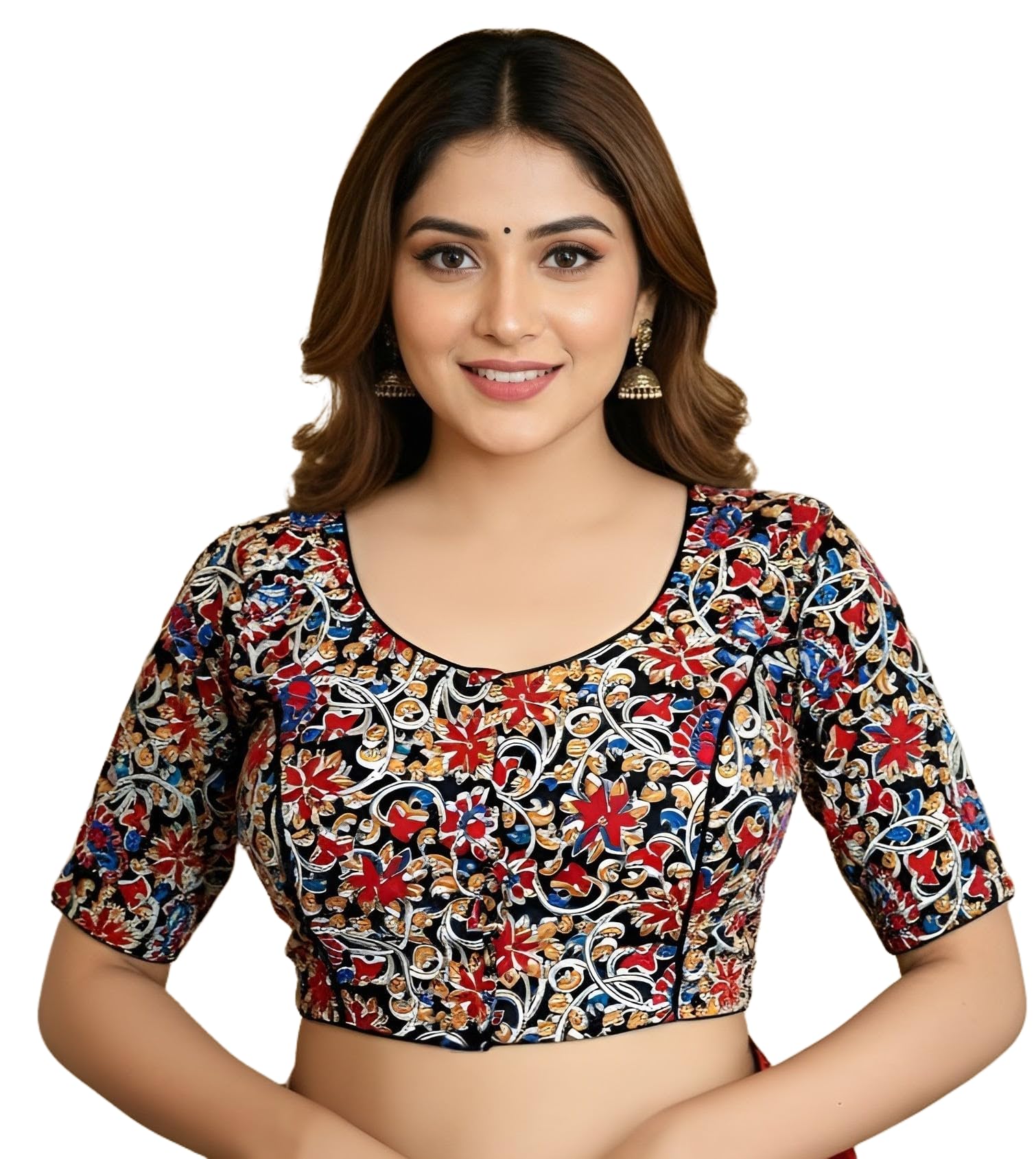 House of Santiniketan Women’s Pure Cotton Non-Padded Readymade Saree Blouse | Kalamkari Floral Print Front Open Blouse | Half Sleeve Ethnic Cotton Blouse for Daily-picture-15