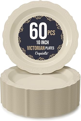 SIZENAME - Platos de plástico desechables, diseño victoriano de calidad premium, color crema, para fiestas y bodas, 60 unidades