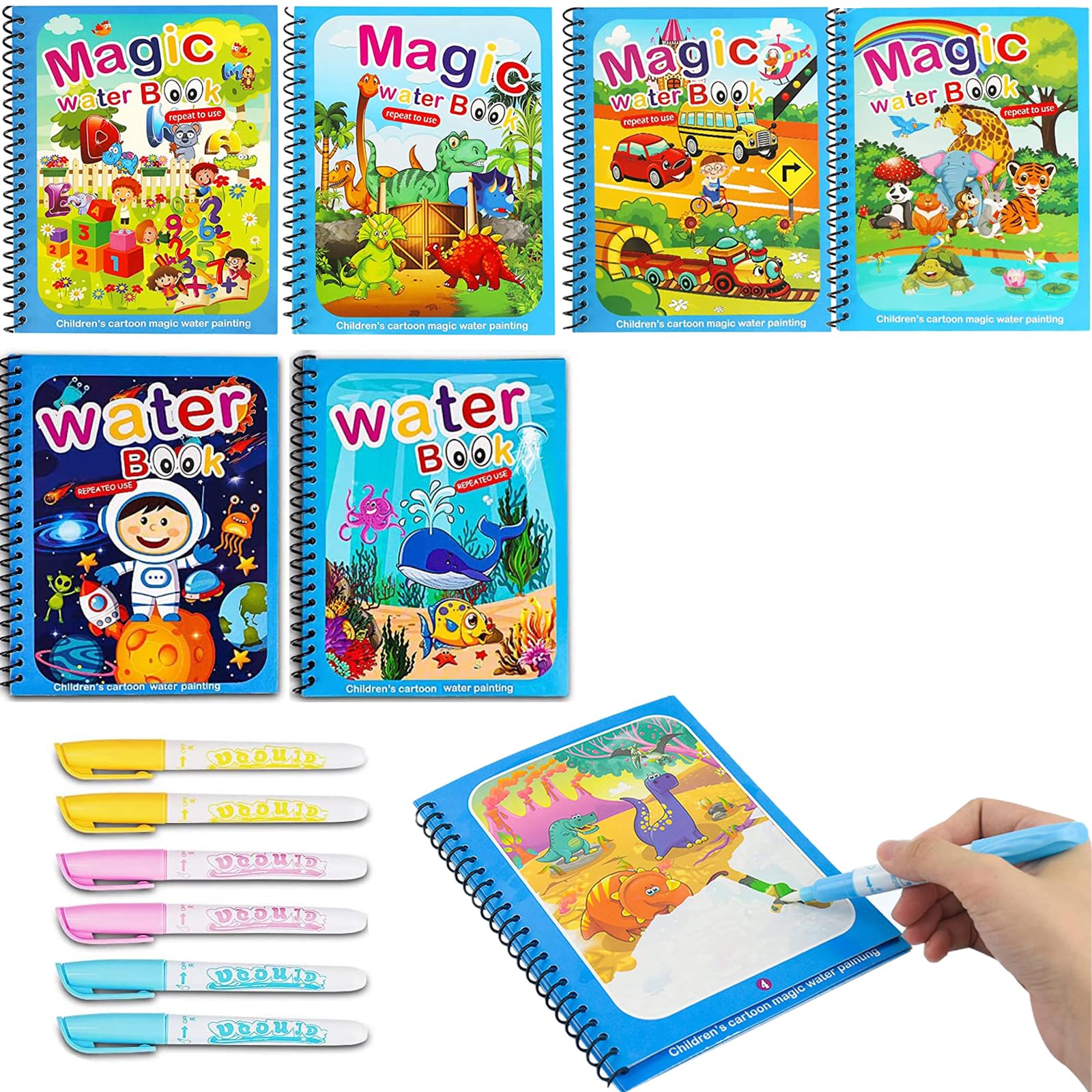 2 Libri Da Colorare Ad Acqua Riutilizzabili Con 2 Penne Magiche | Gioco Educativo Per Bambini 2+ Anni