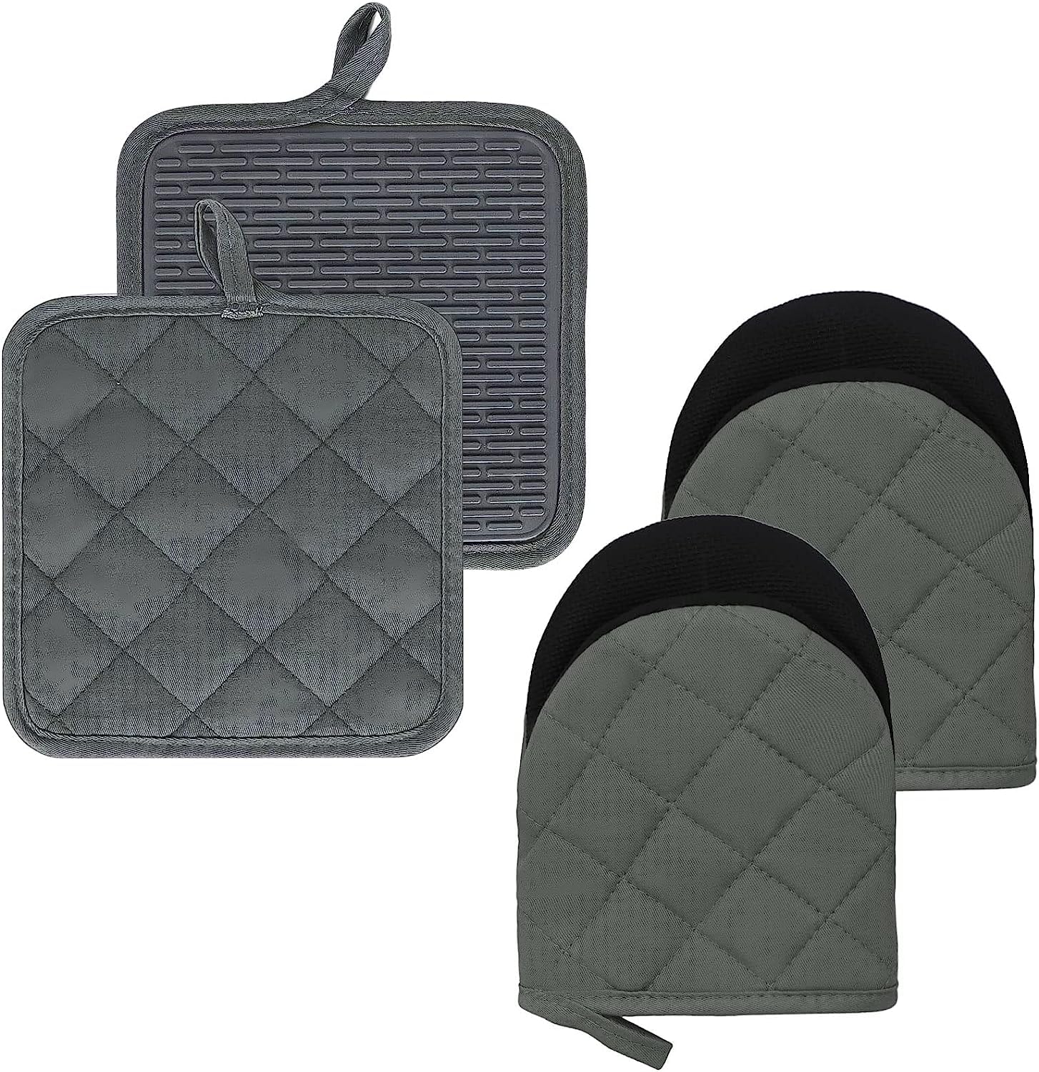 Oven Mitts and Pot Holders Set, Pack of 4, Heat Resistant Silicone Kitchen Mini Oven Mittens for 500 Degrees, Mini Oven Gloves and Hot Pads for Baking Grilling Barbecue Microwave Machine Washable