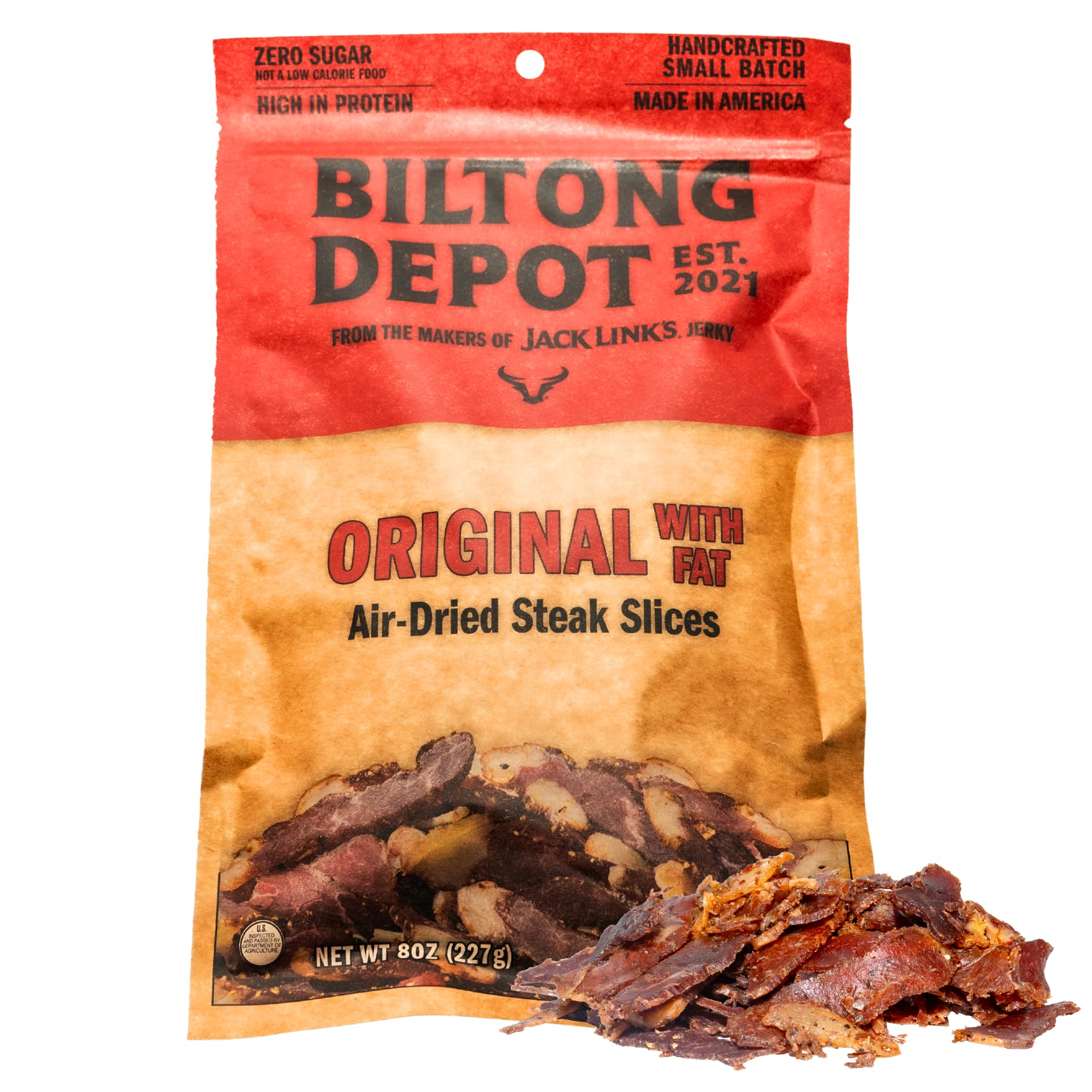 Biltong Depot Original Beef Biltong Slices with Fat – 8oz | Air-Dried Beef Jerky Snack | High Protein | Zero Sugar | Keto & Paleo Friendly | Gluten Free | No Artificial Preservatives | No MSG