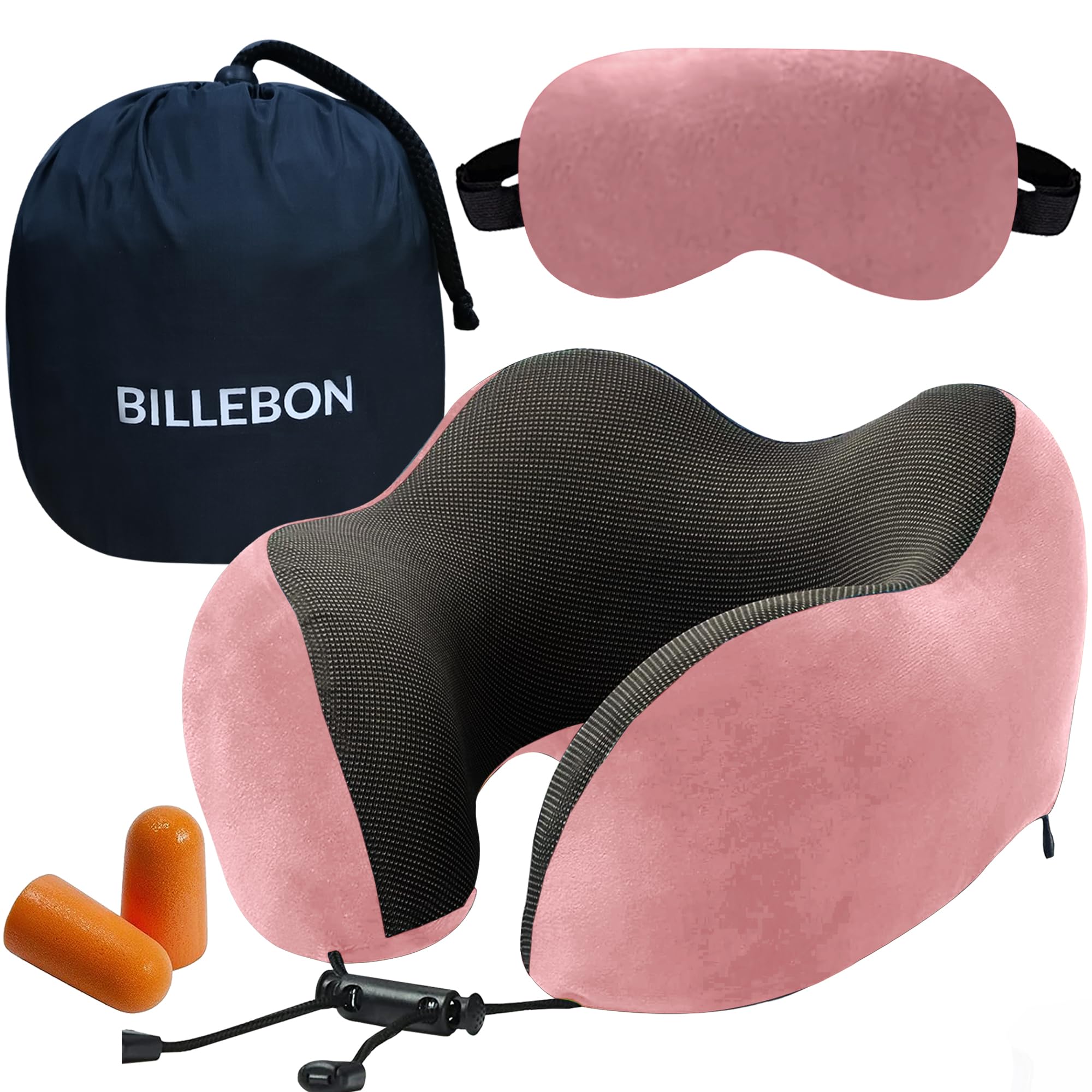 Billebon Premium Memory Foam Travel Neck Pillow Combo with Soft Eye Mask, Carry Bag, and Ear Plugs (Pink with Eye Mask)-picture-34