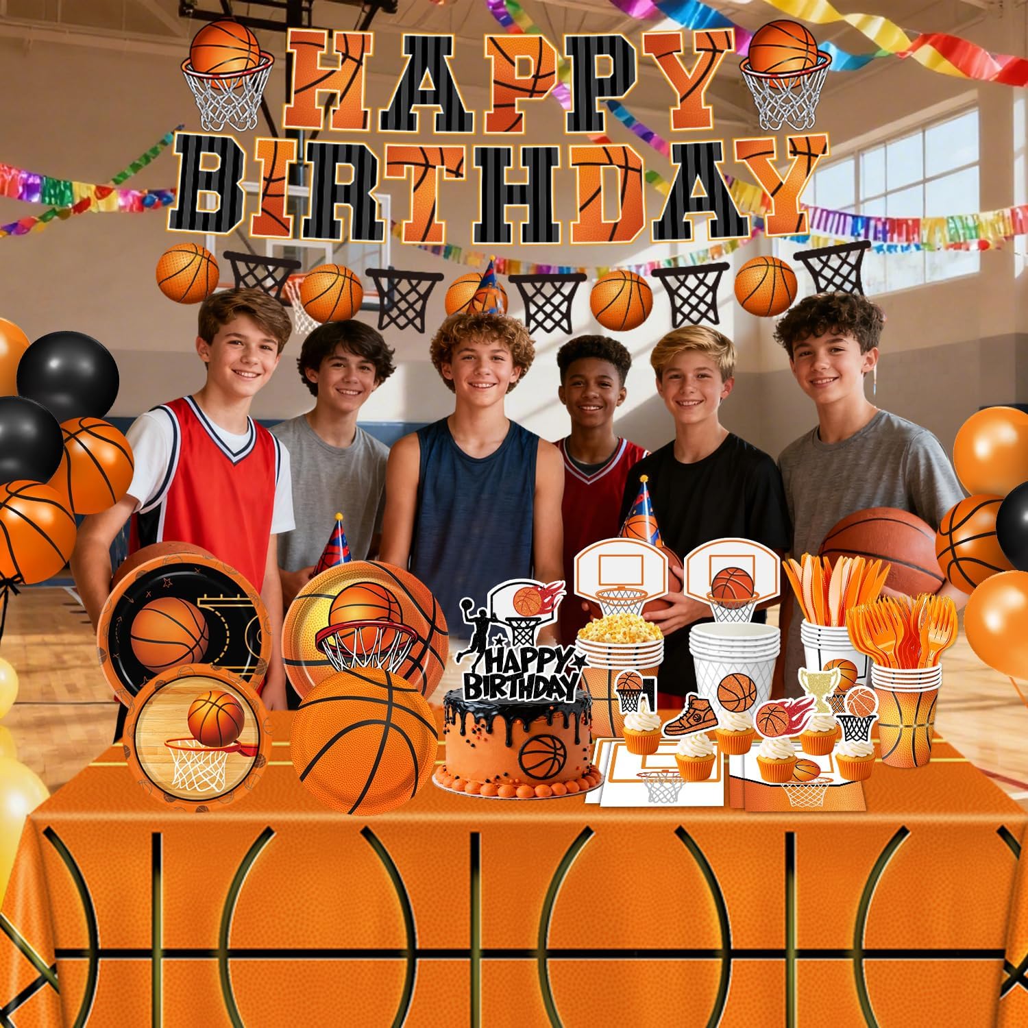 202 PCS Basketball Birthday Party Decorations - Plates, Napkins, Cups, Basket Card, Banner, Balloons, Cake & Cupcake Toppers, Tablecloths, Cutlery for Basketball Party Decorations, Serves 24